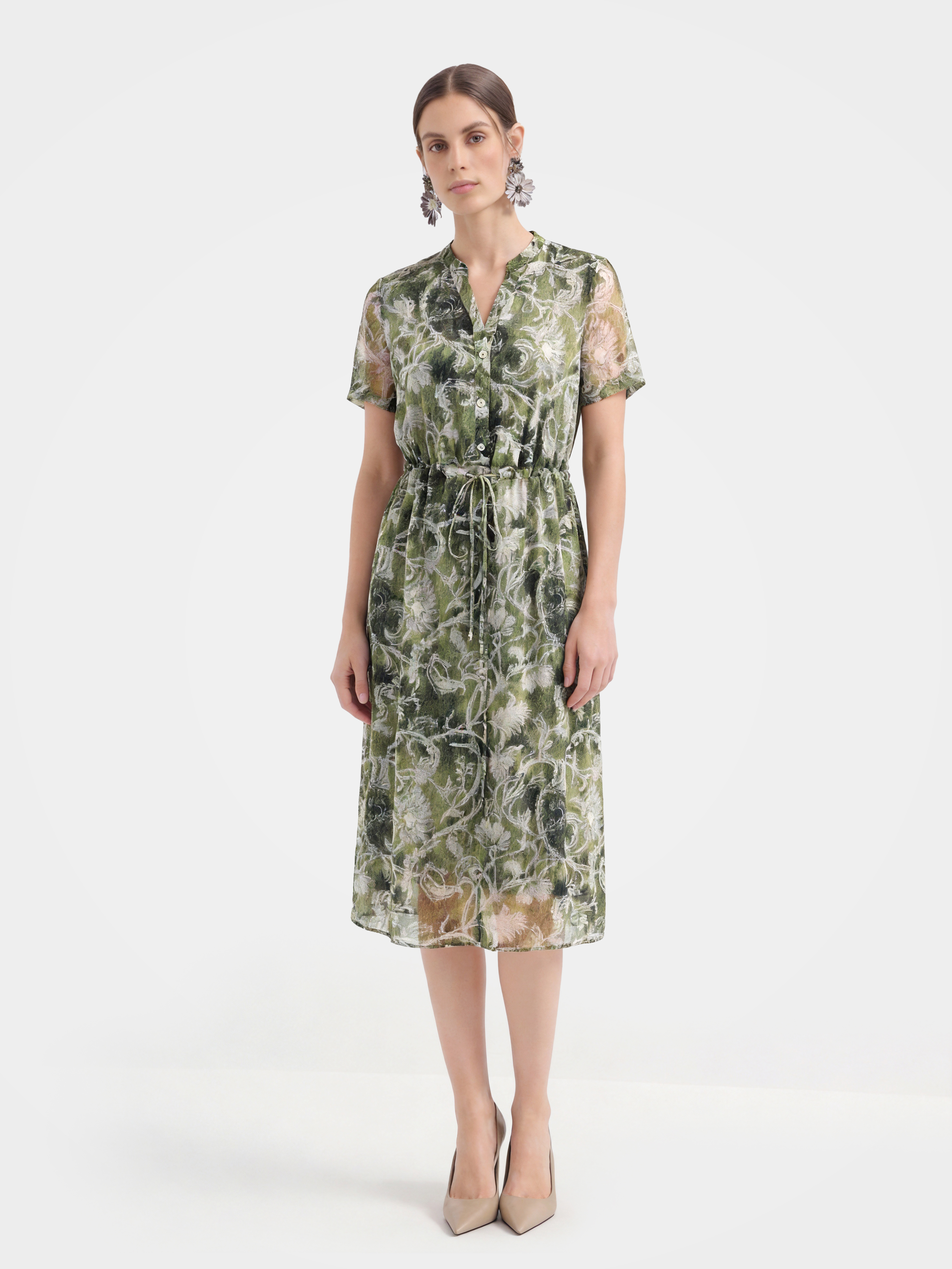 Lightweight Mulberry Silk Drawstring Floral Midi Dress