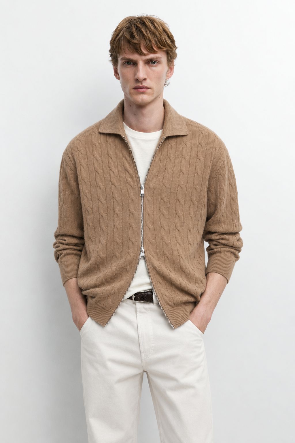 Men's 100% Cashmere Collared Zip Cable Knit Cardigan