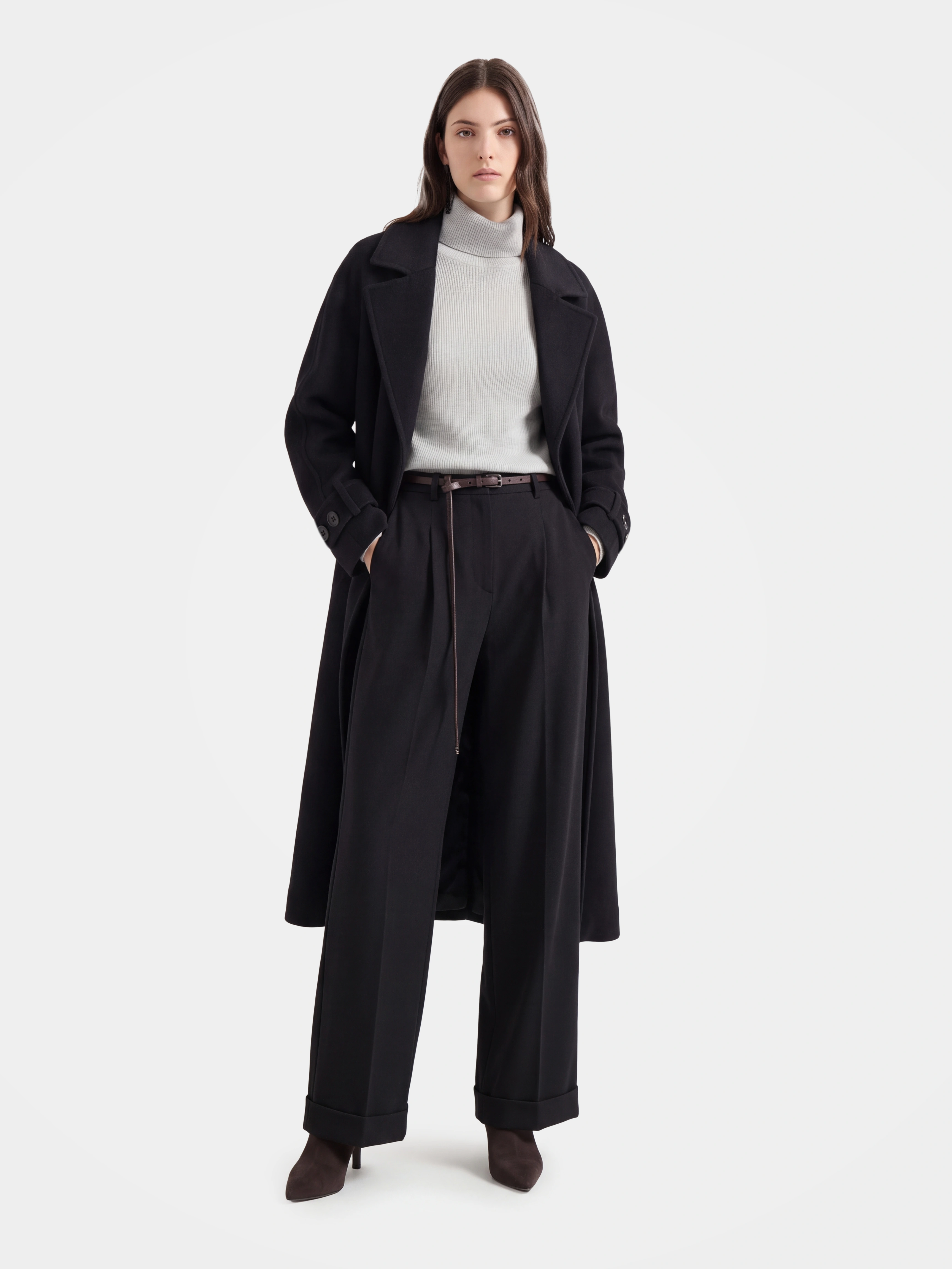 100% Cashmere Notched Lapel Belted Long Coat