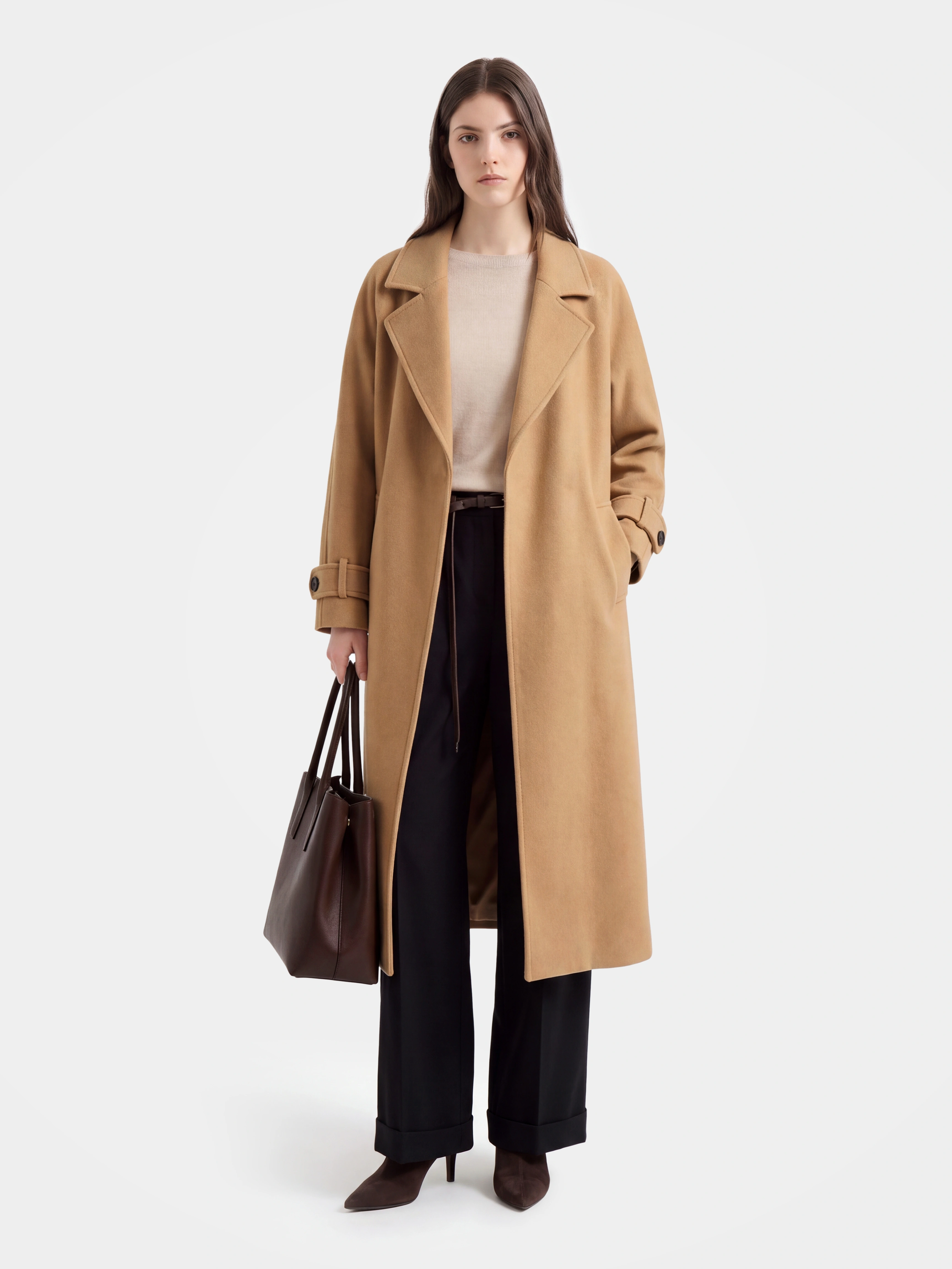 100% Cashmere Blend Long Coat for Women - Belted Lapel Overcoat - Elegant Warm Winter Outerwear