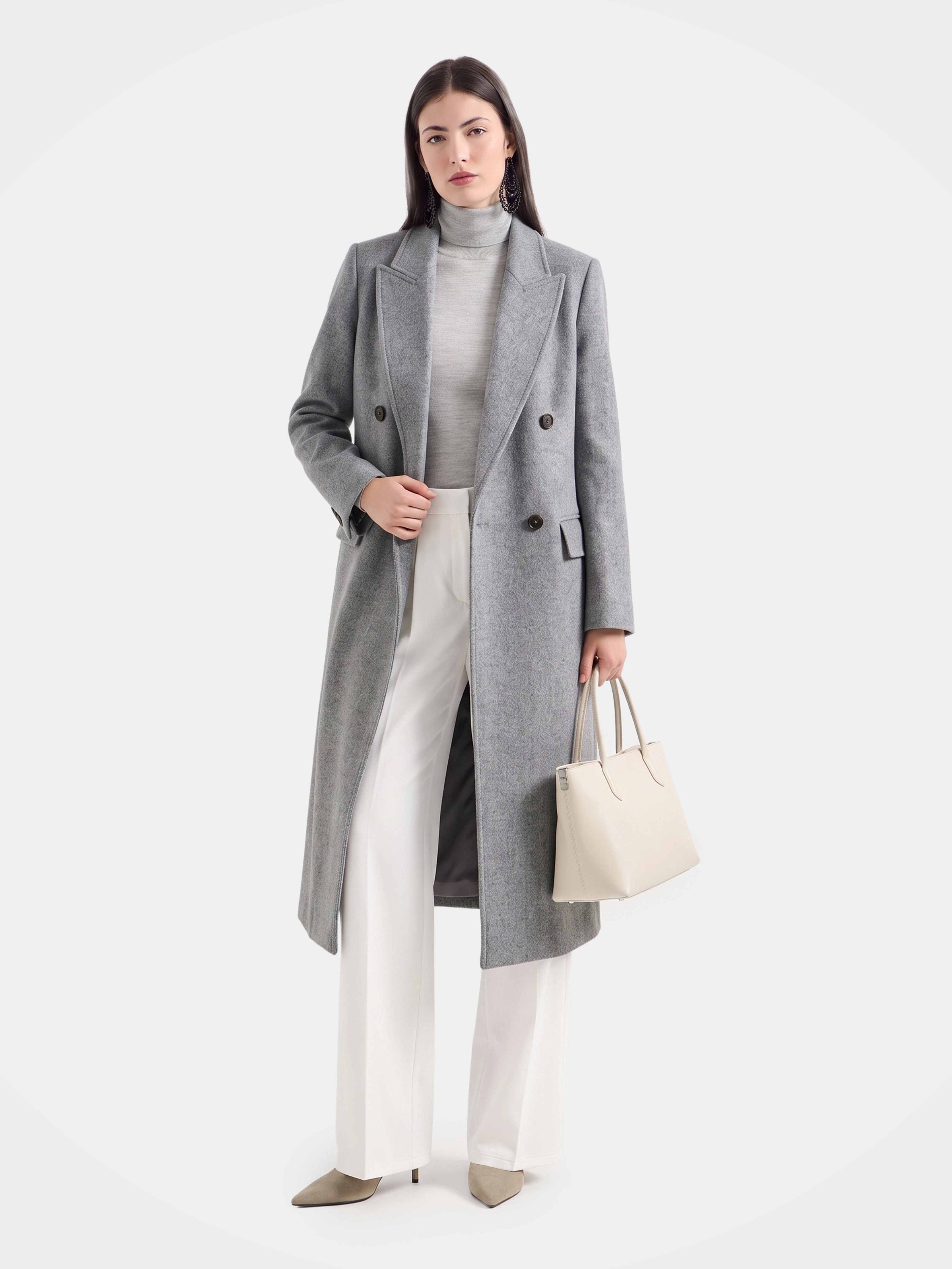 Women’s 100% Cashmere Double Breasted Long Coat Classic Notched Lapel Longline Jacket