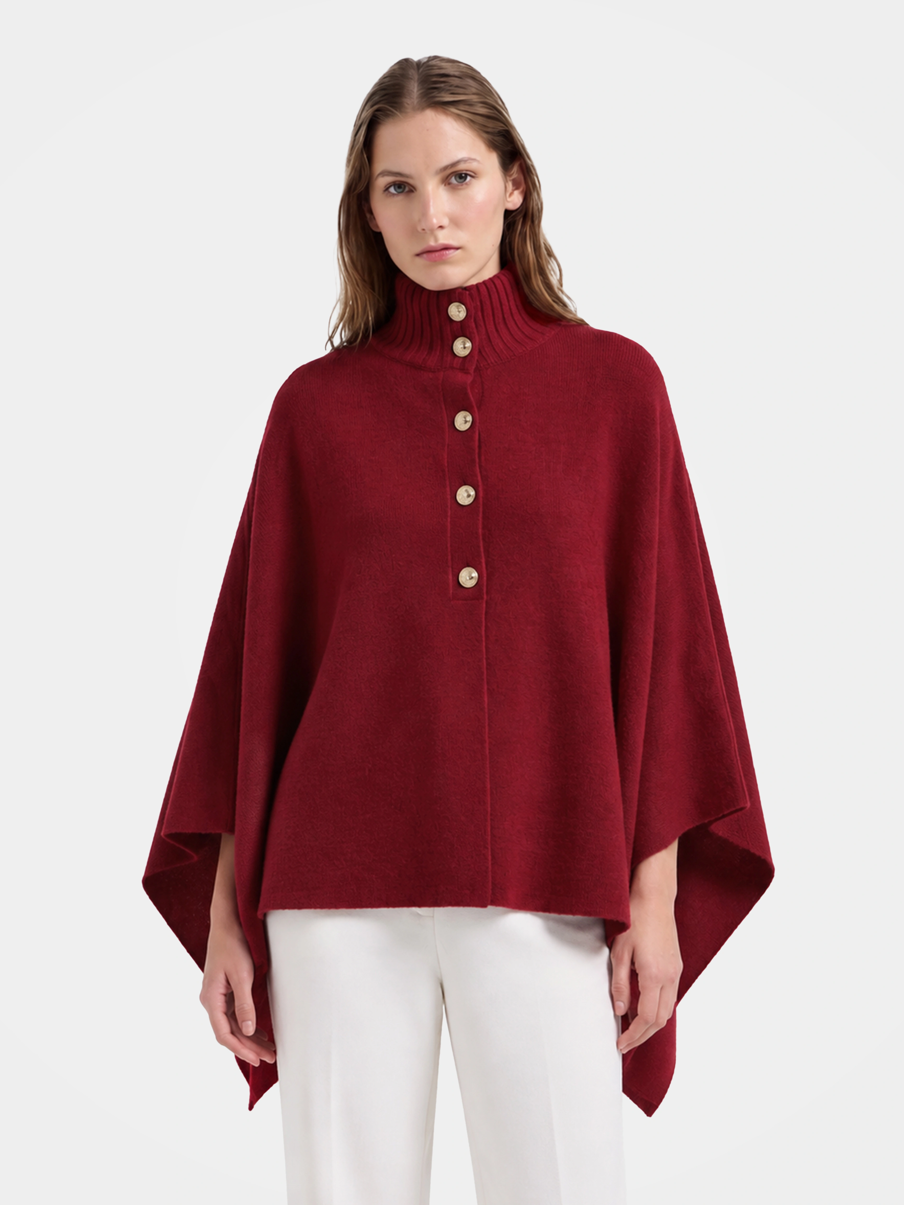 100% Wool Turtleneck Button-Placket Knit Cape