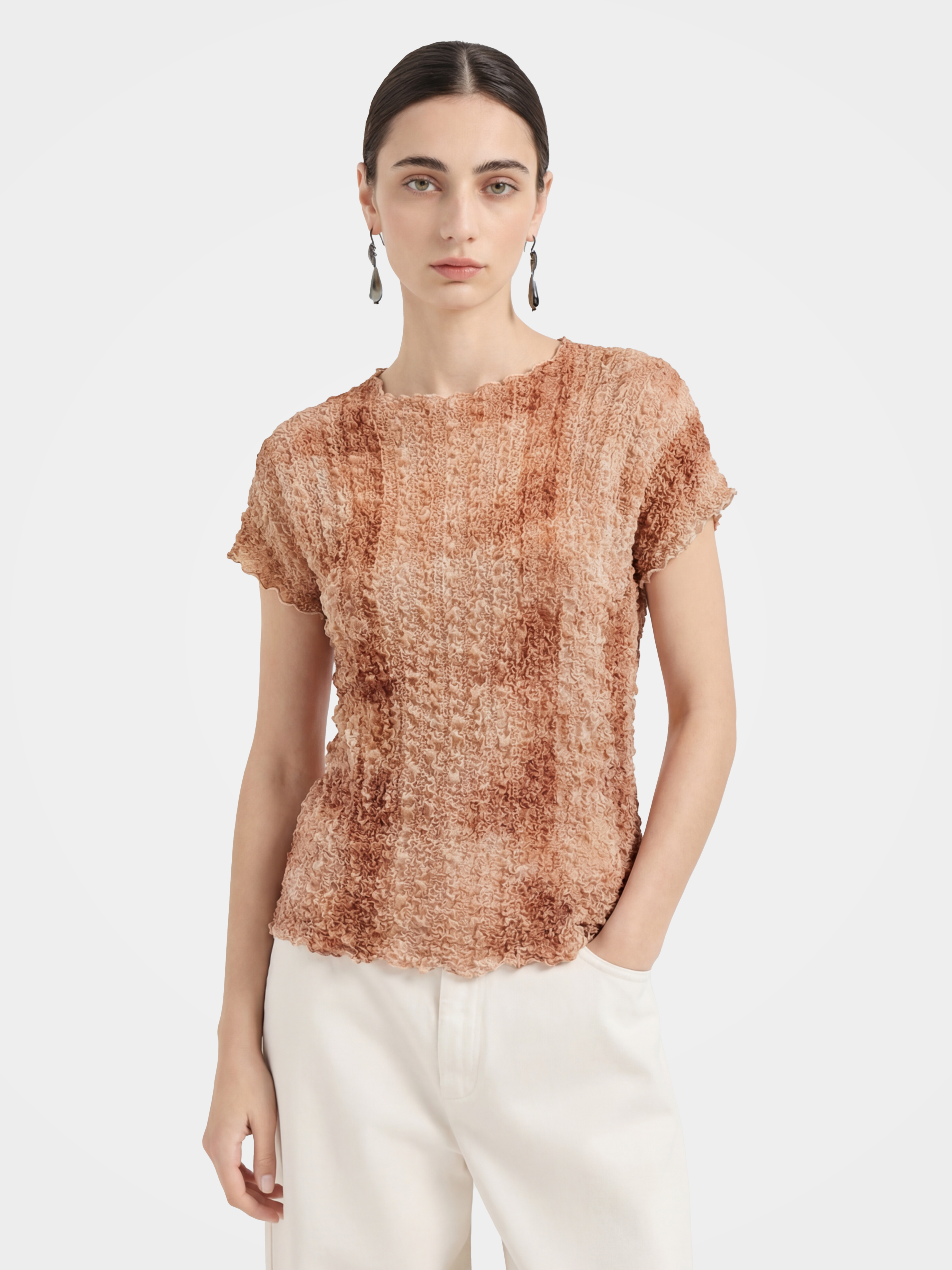 Stretch Mulberry Silk Crinkled Textured Short Sleeve Top