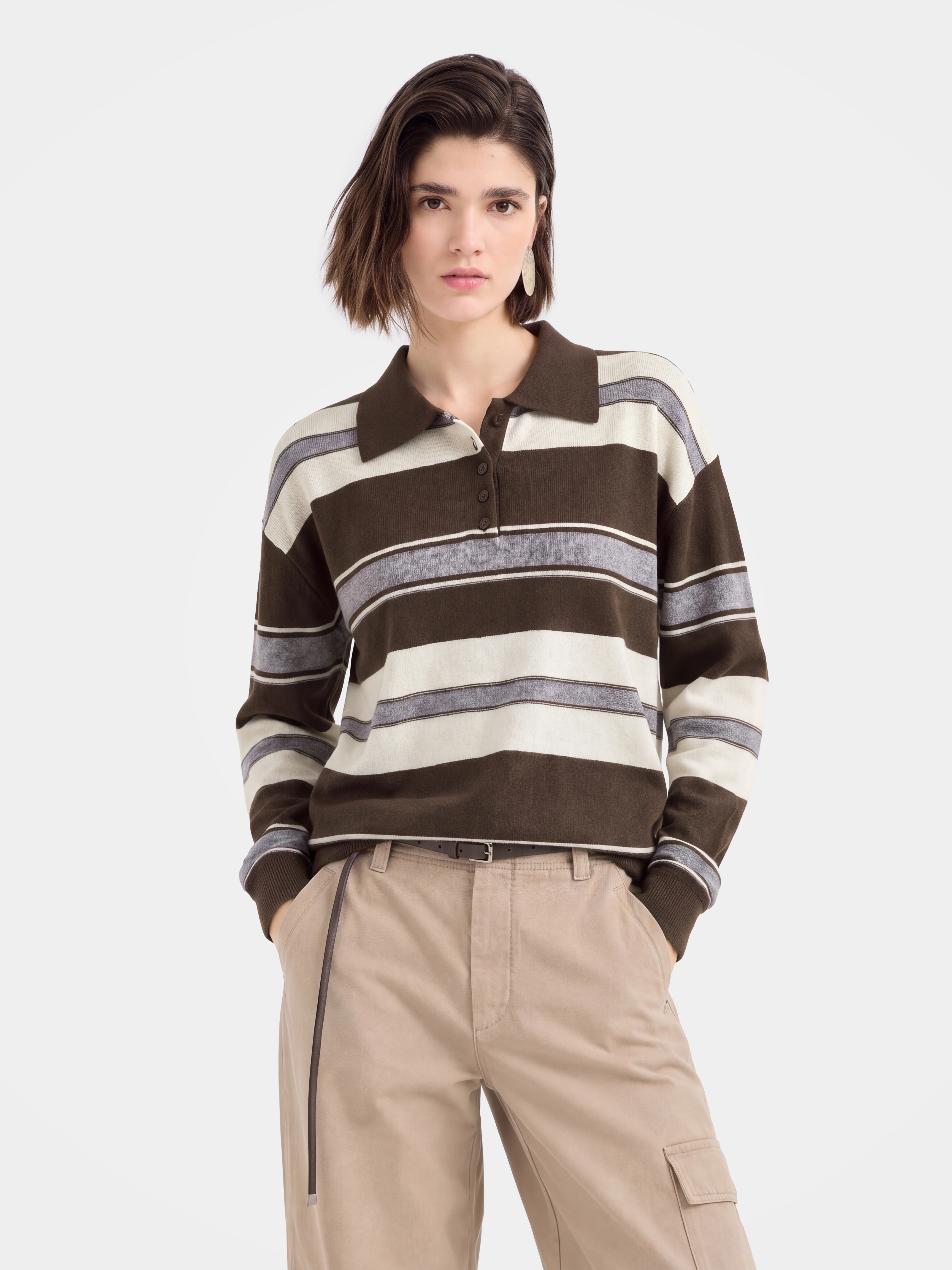 100% Cashmere Striped Polo Collar Long Sleeve Knit Sweater
