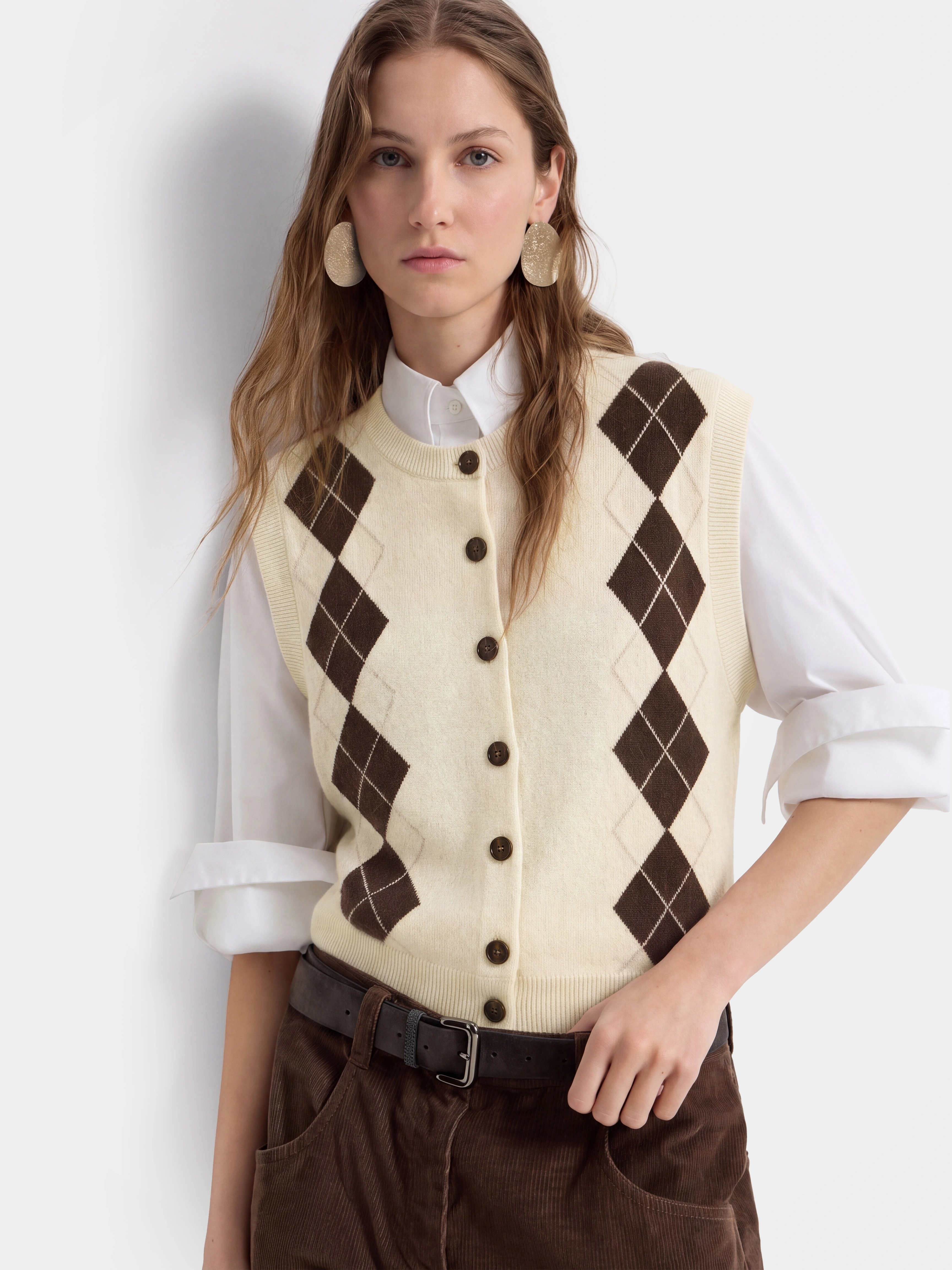 100% Cashmere Argyle Button-Front Sweater Vest