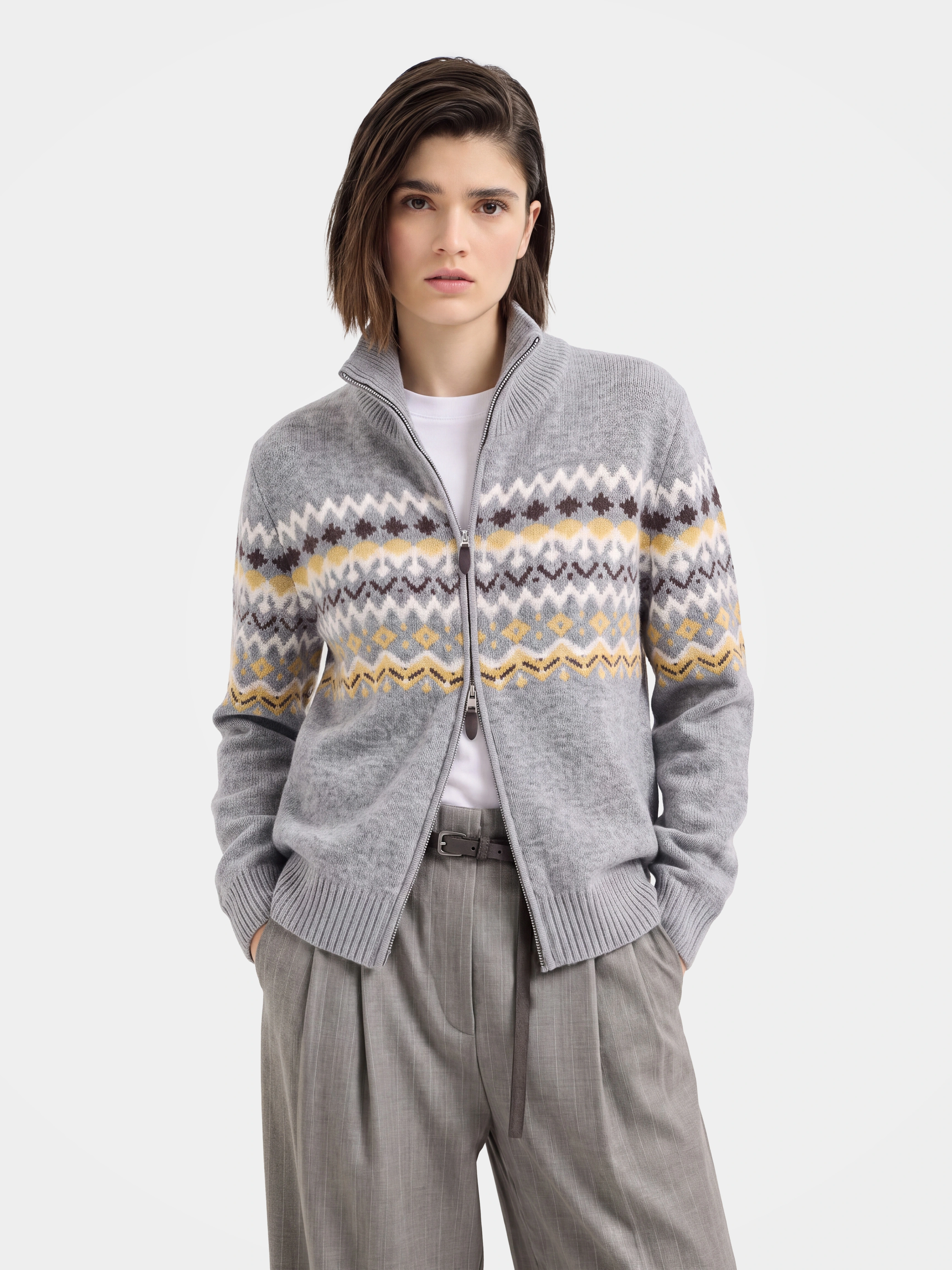 100% Mongolian Cashmere Fair Isle Zip Cardigan