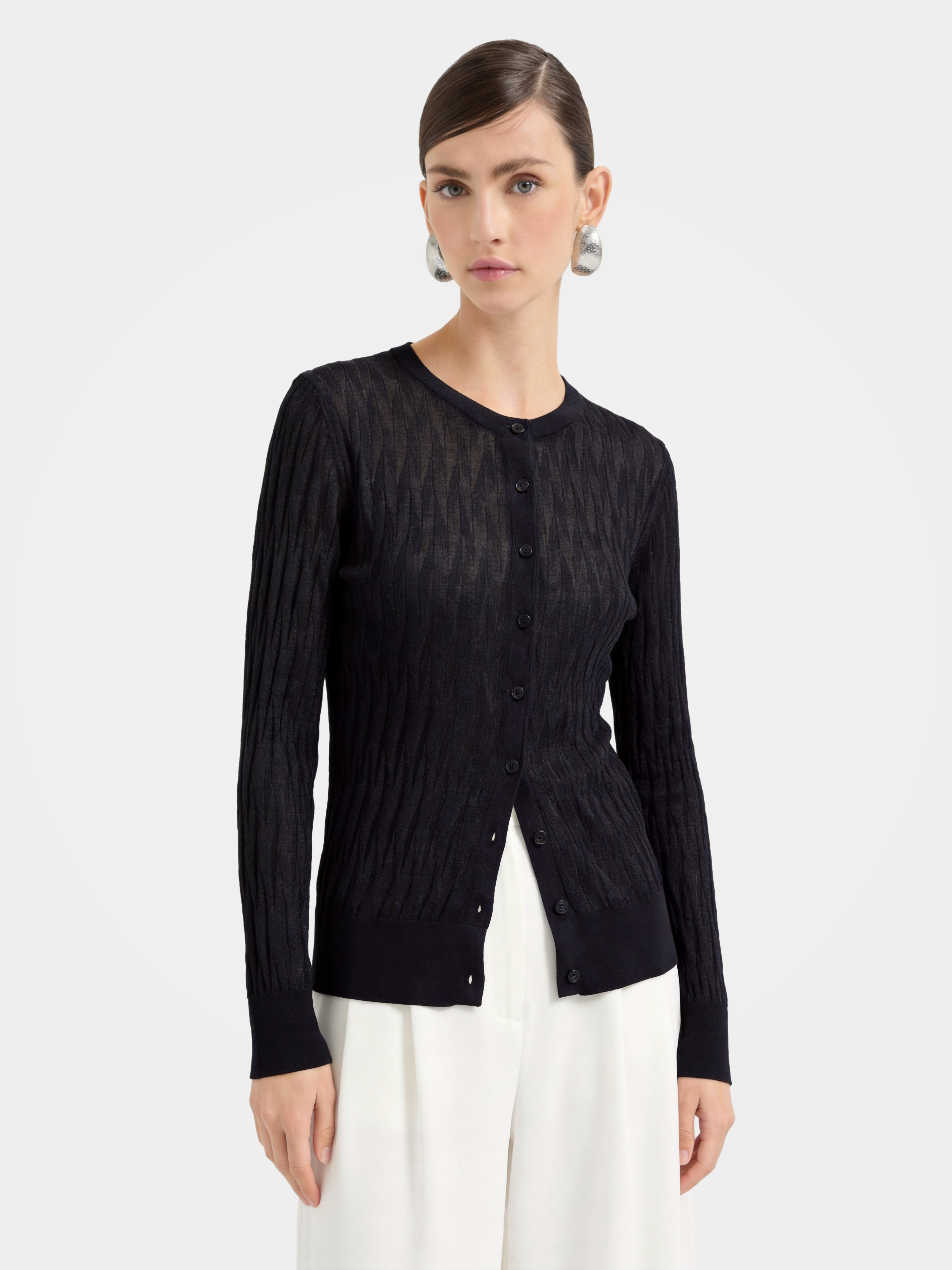 Black Sheer Diamond Knit Crew Neck Cardigan for Women