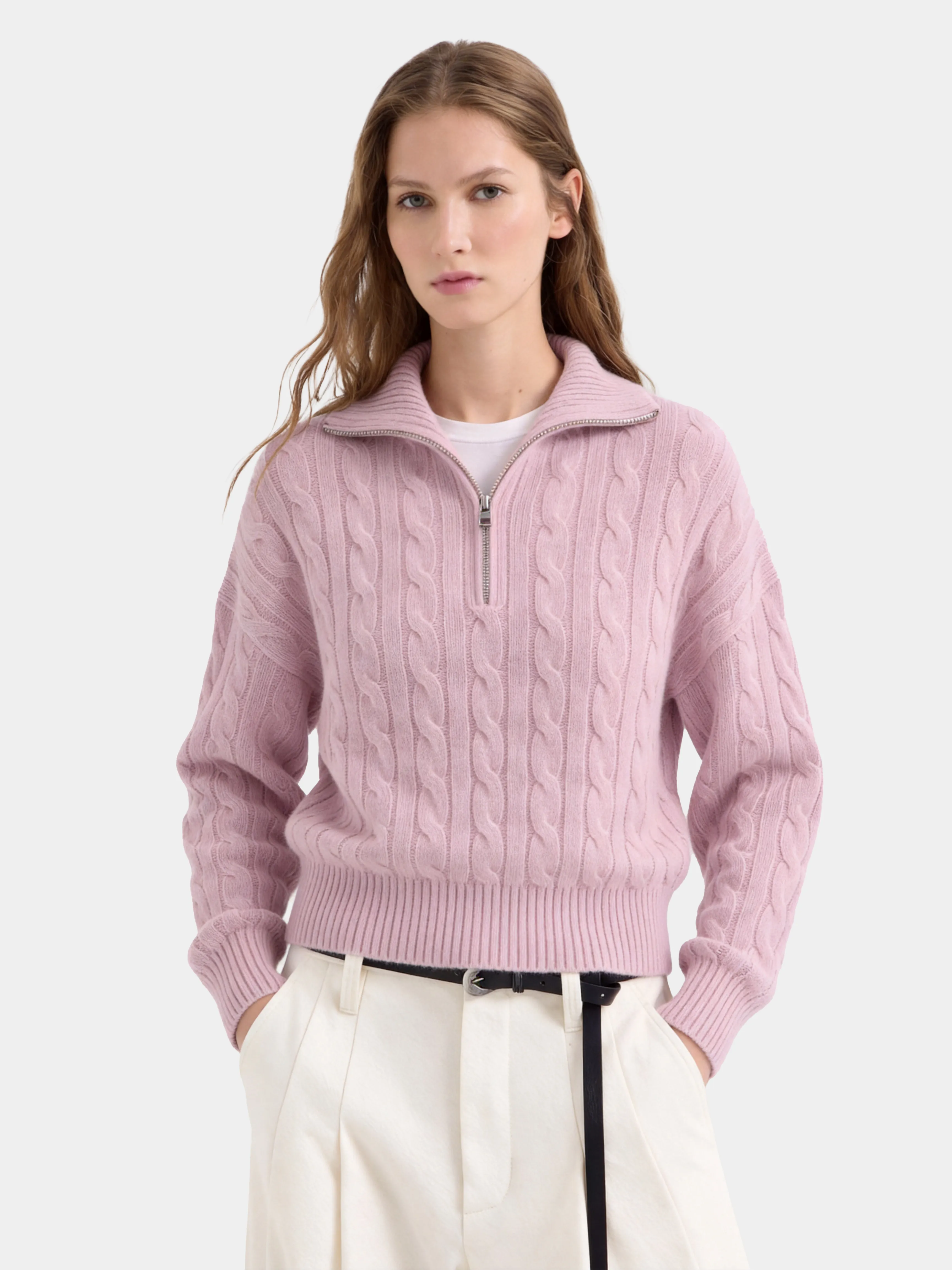 100% Mongolian Cashmere Cable Knit Half-Zip Polo Sweater