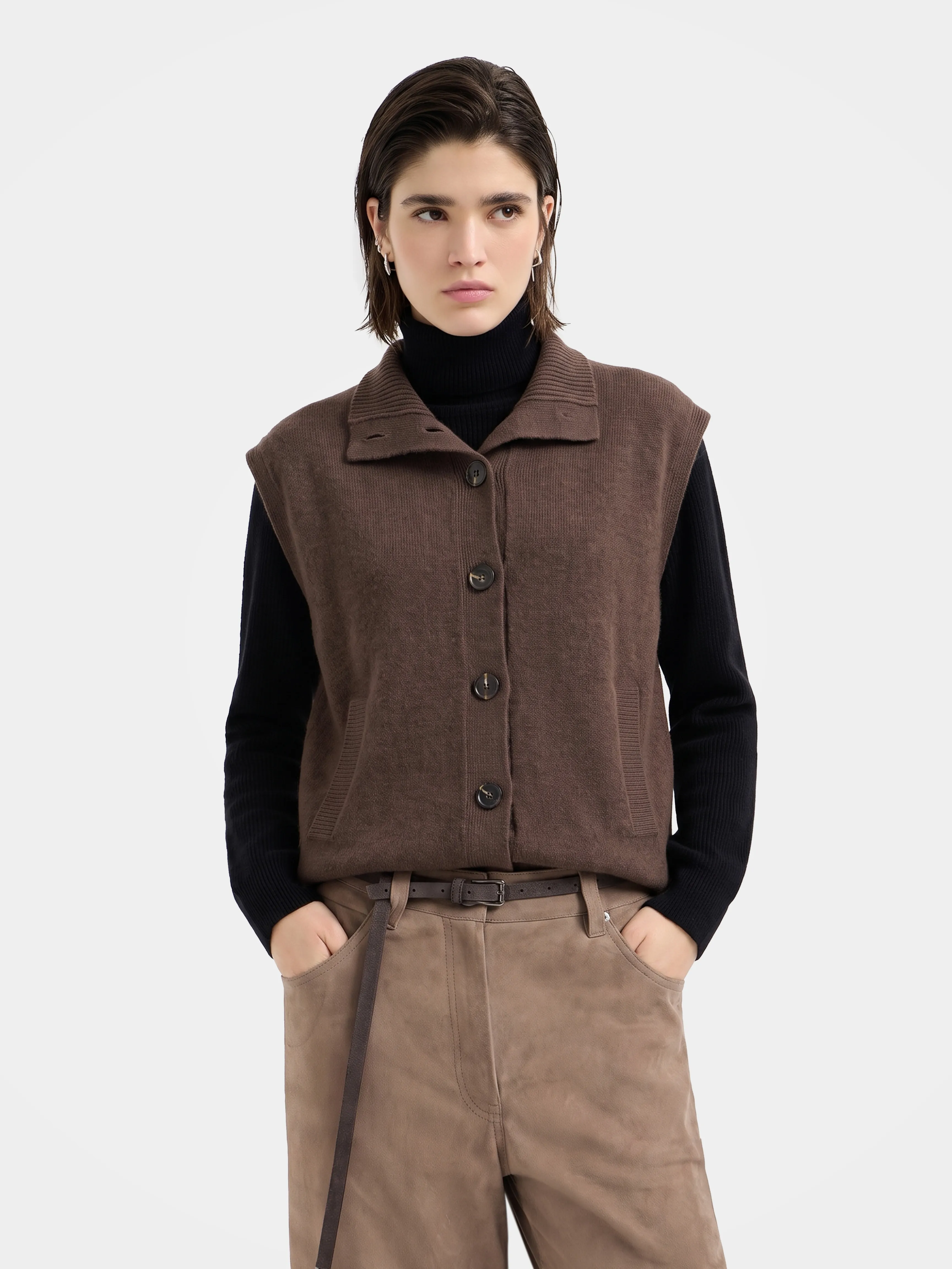 100% Mongolian Cashmere Button Knit Vest Layering Top
