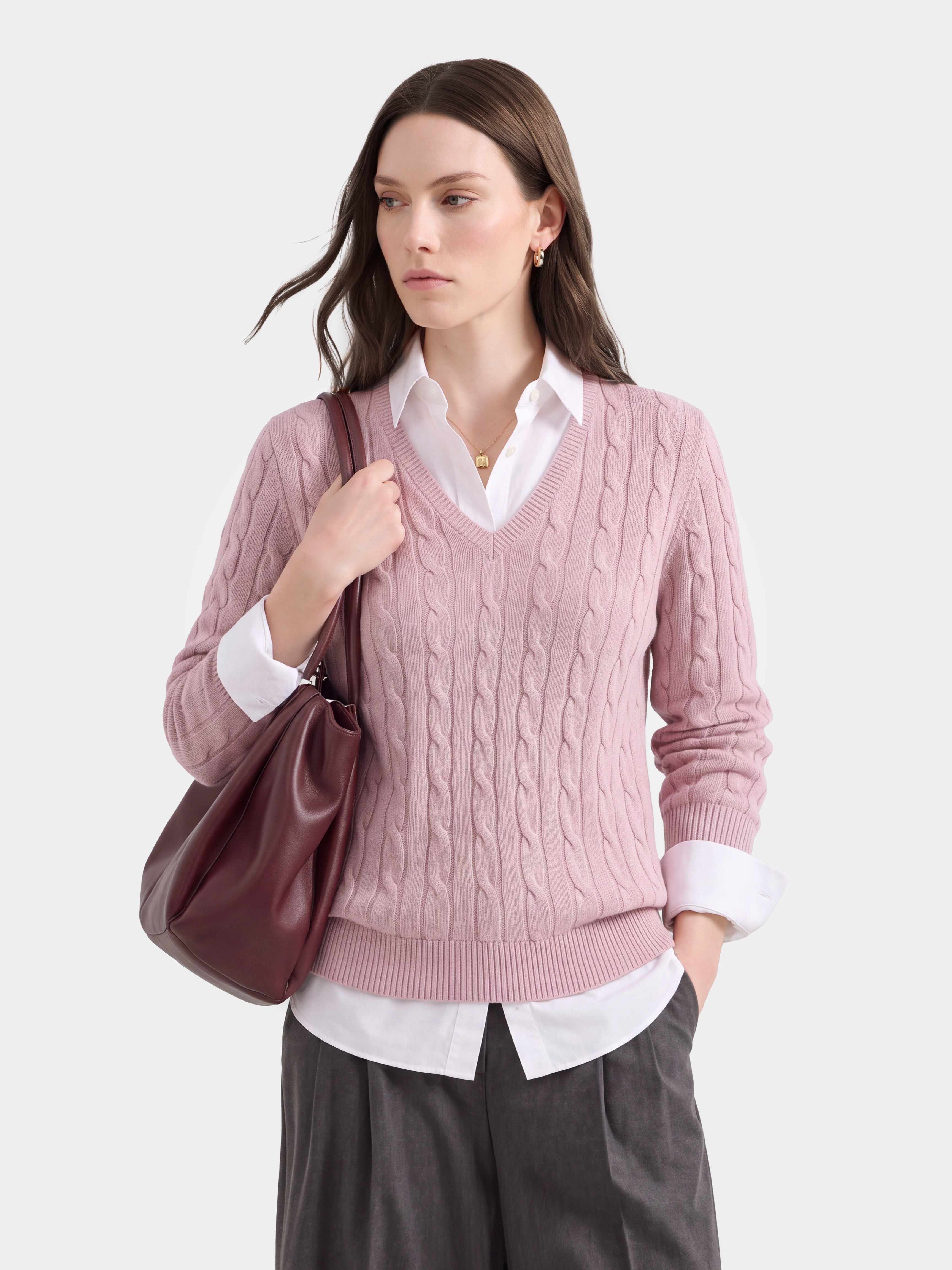 100% Mongolian Cashmere Classic Cable Knit V-Neck Sweater