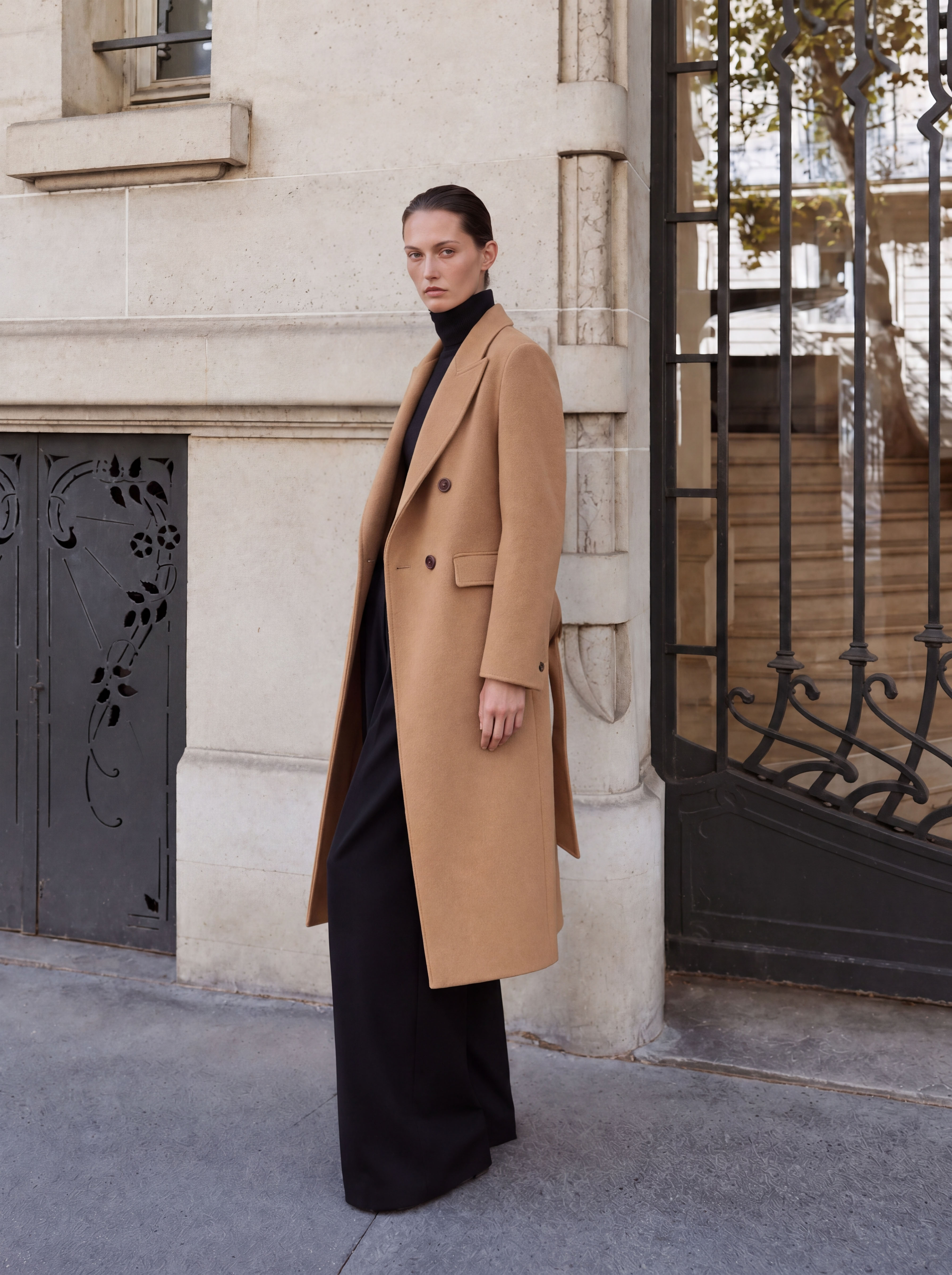 100% Cashmere Notched Lapel Double-Breasted Long Coat