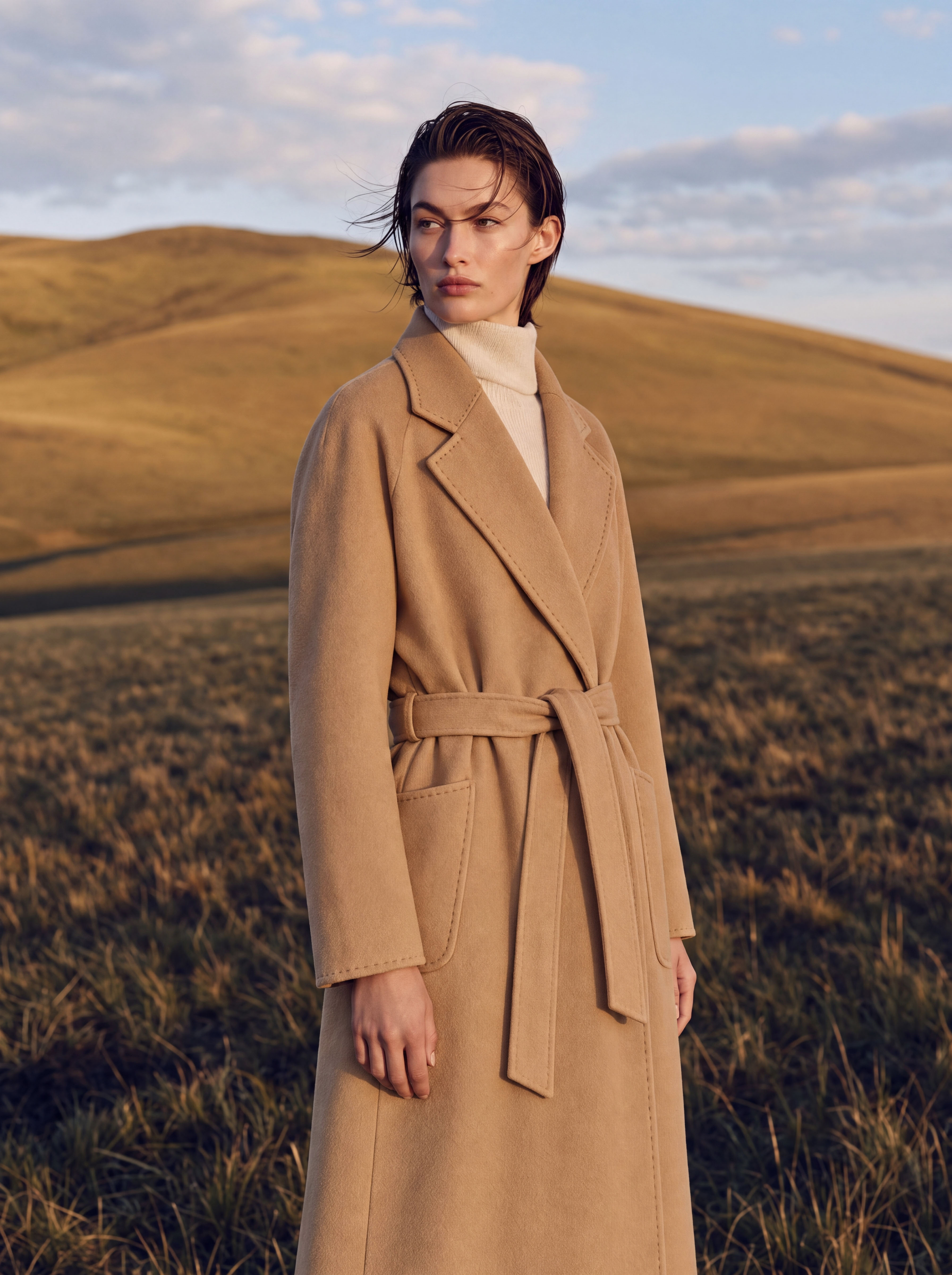 Wool Blend Notched Lapel Open Front Long Coat