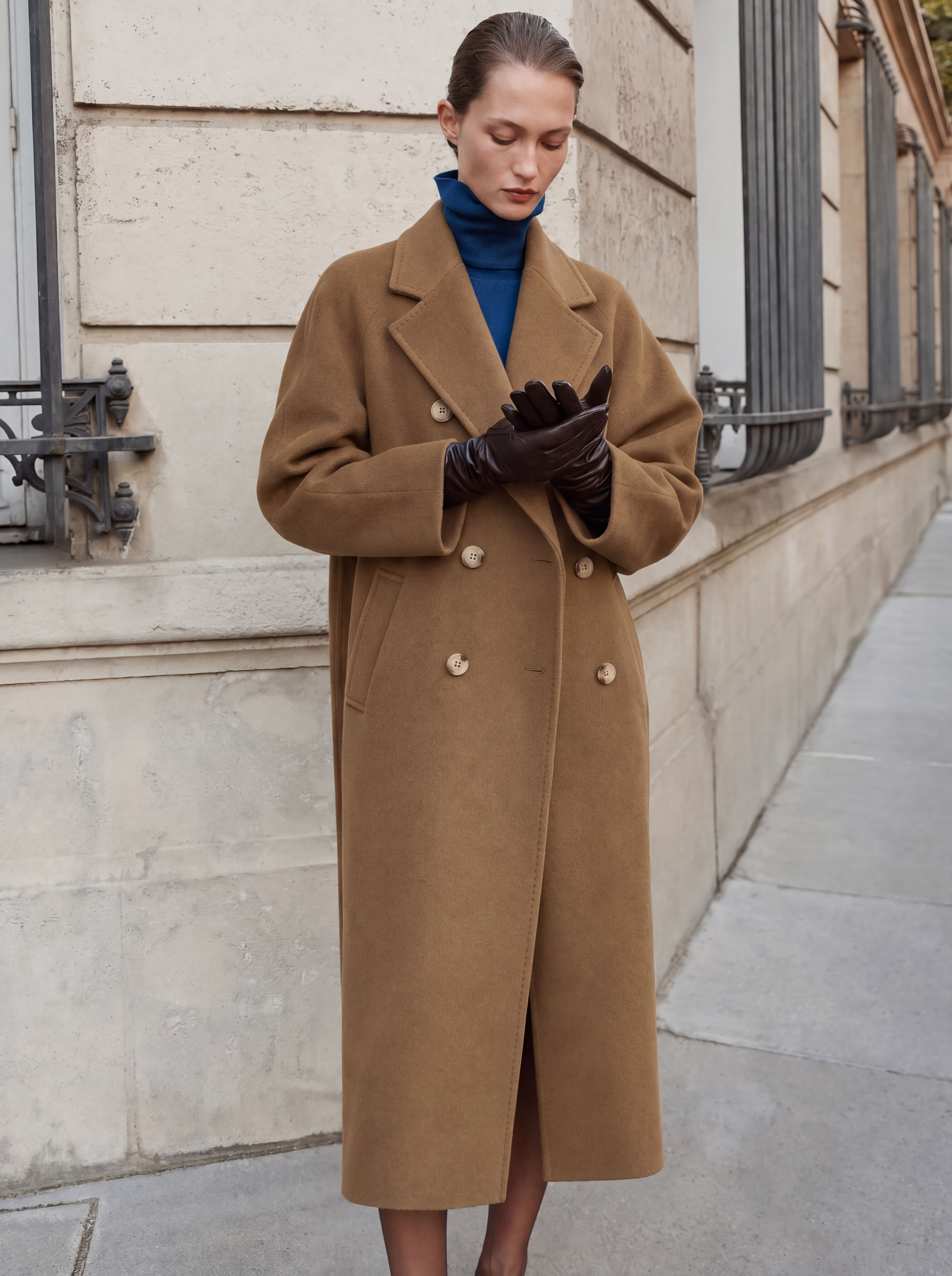 Wool Blend Notched Lapel Double-Breasted Long Coat