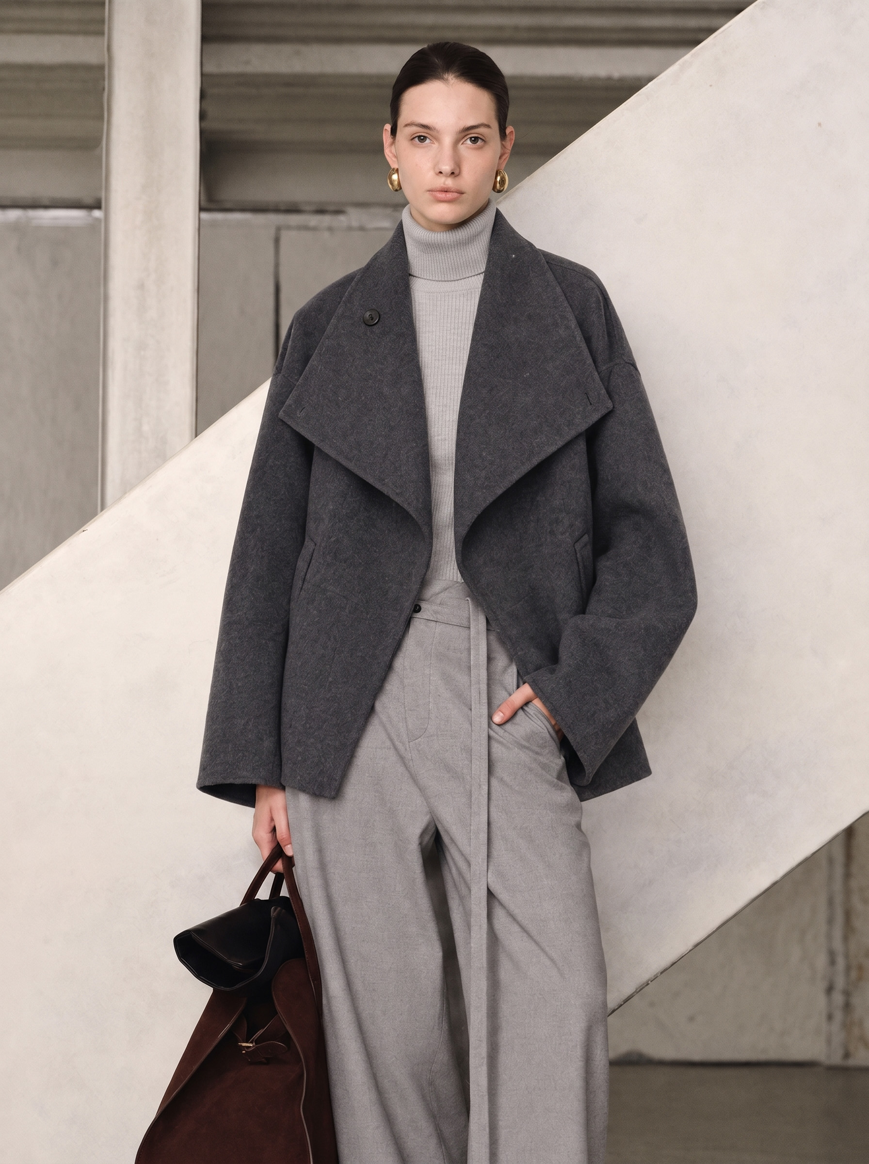 100% Wool Oversized Lapel Belted Short Coat