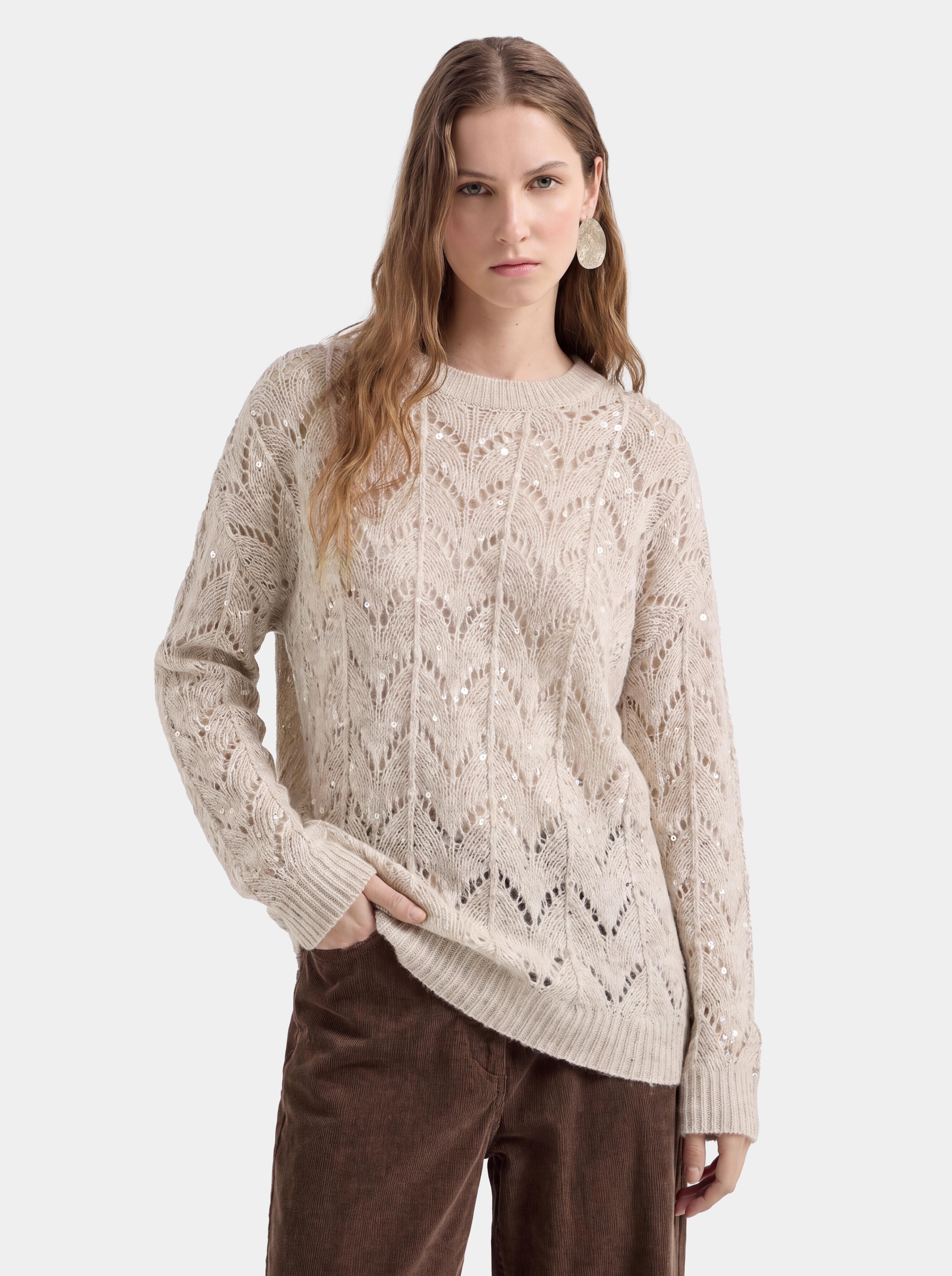 Women's Cashmere Silk Sequin Openwork Knit Sweater - Crew Neck Lightweight Pullover