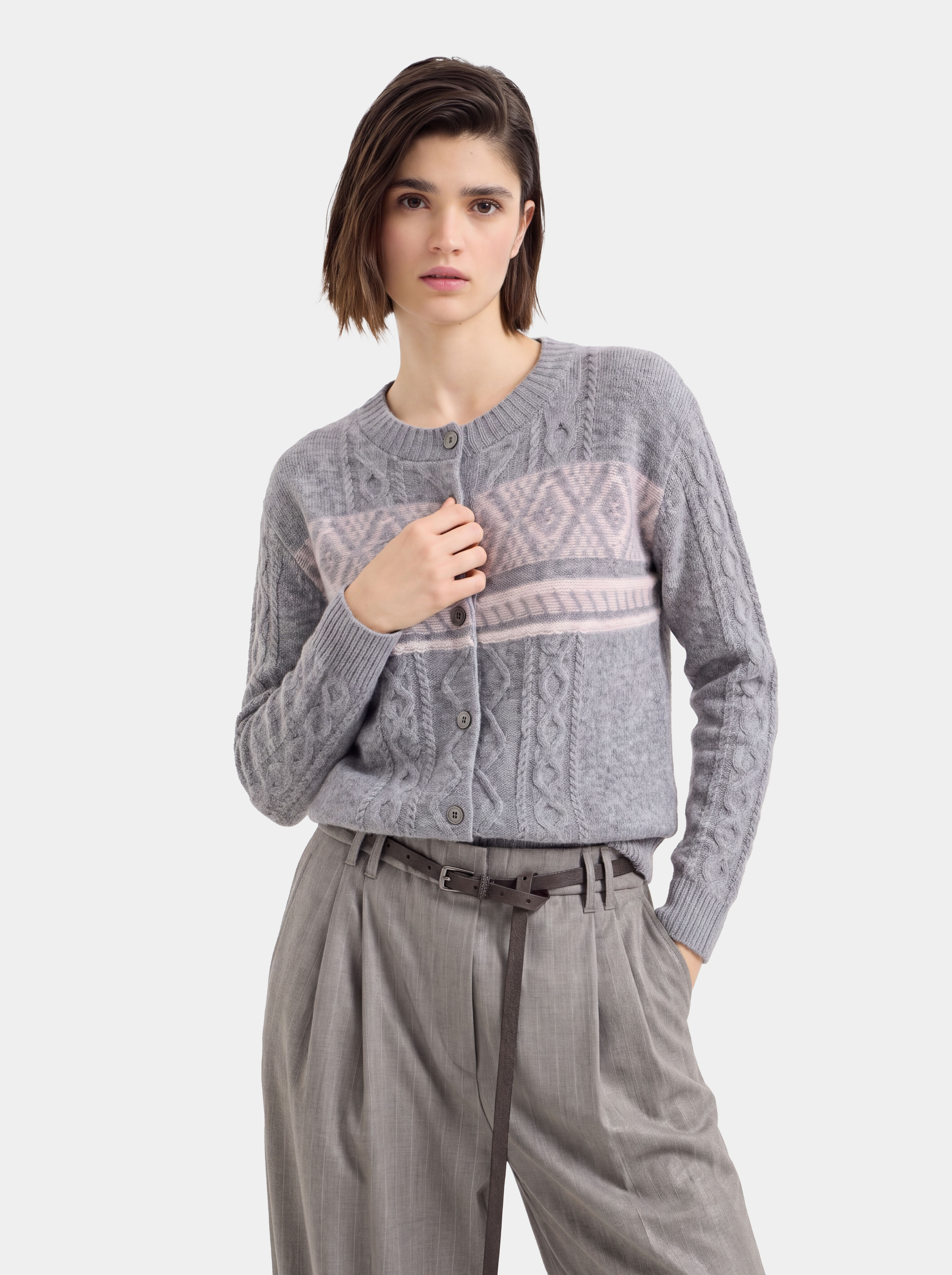 100% Cashmere Cable Knit Crew Neck Cardigan