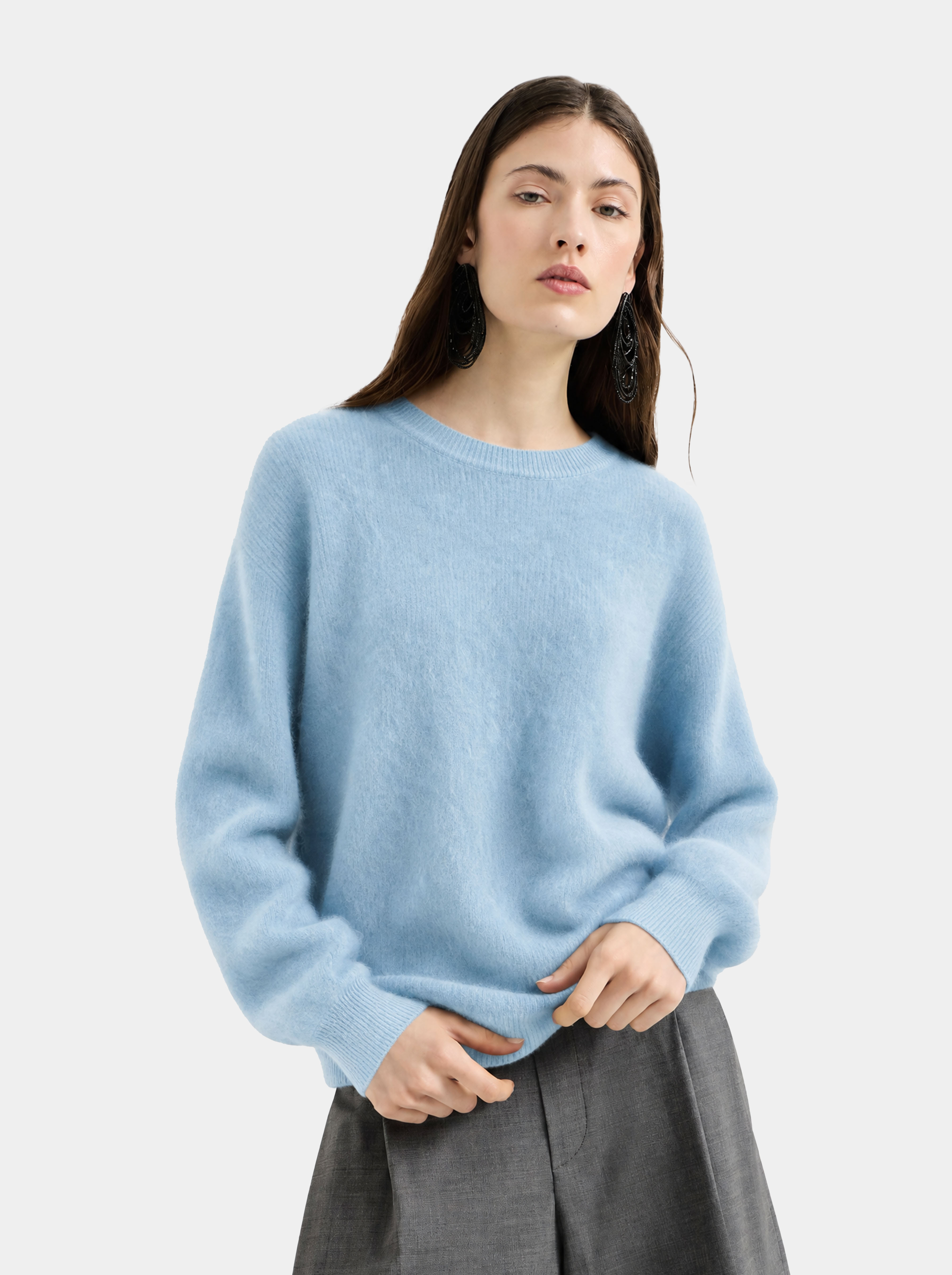 Wool Blend Brushed Crew Neck Sweater for Women - Soft Relaxed Fit Winter Knit