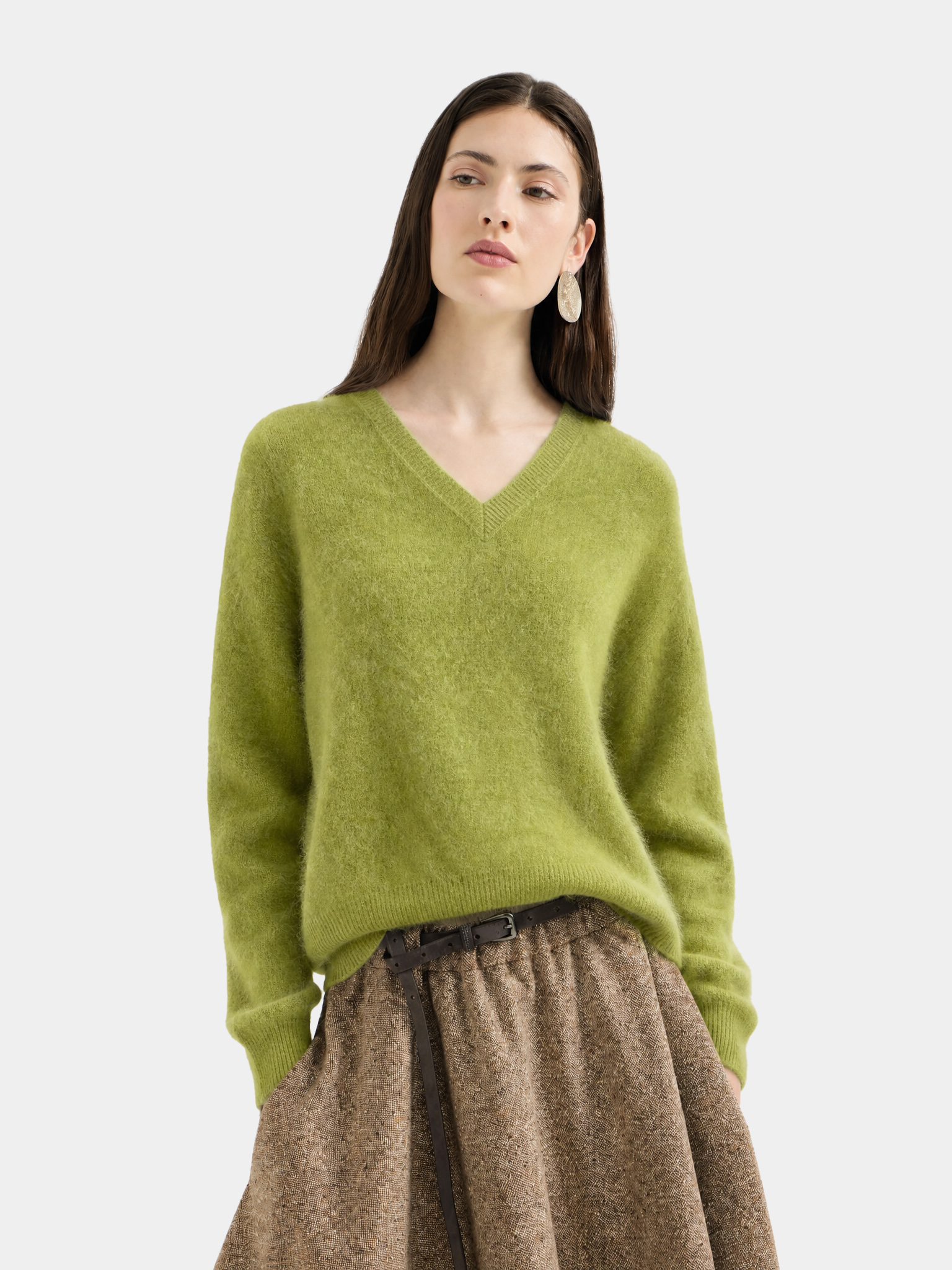 Wool Blend Brushed V Neck Long Sleeve Sweater