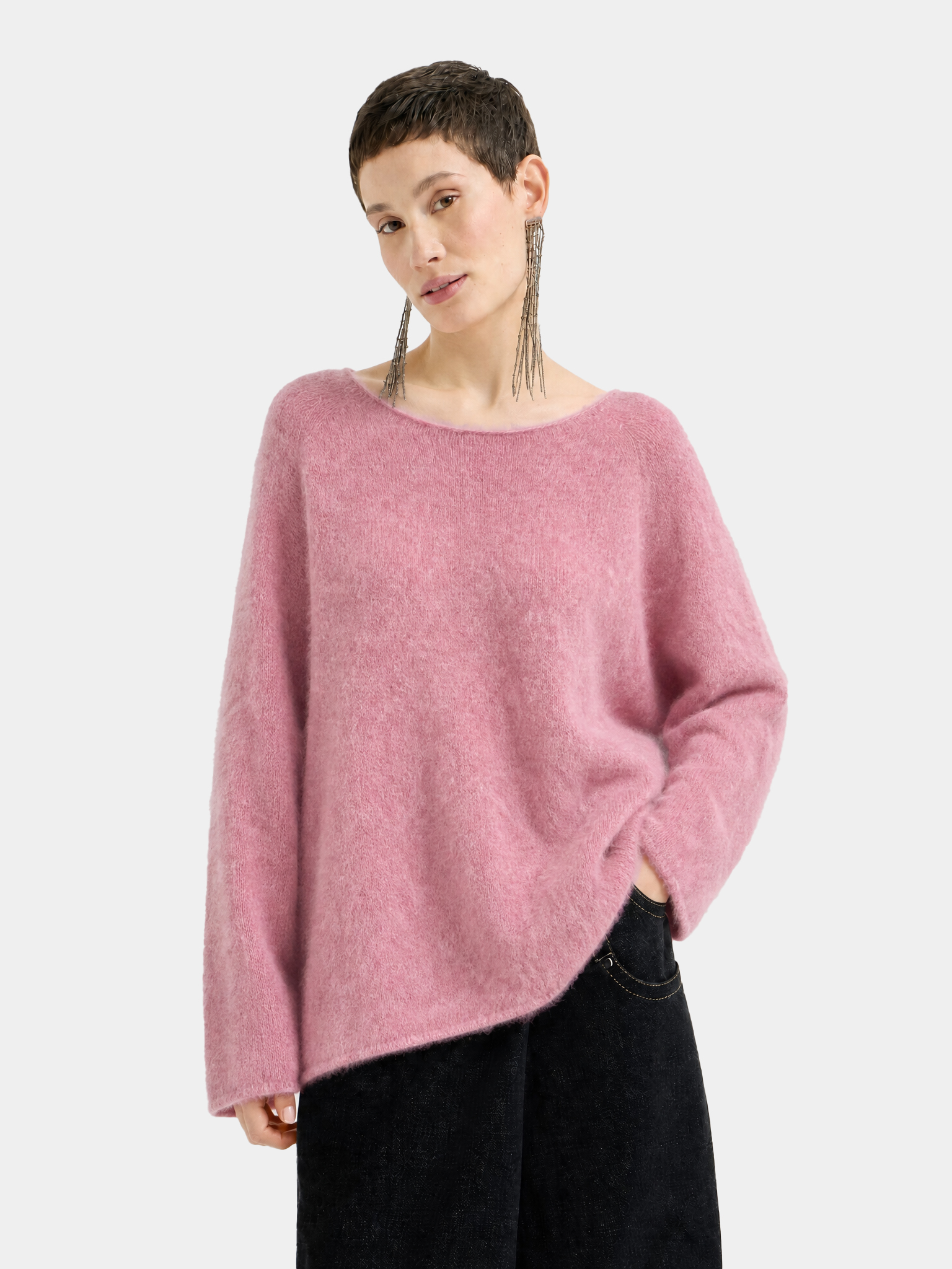 Wool Blend Brushed Crew Neck Relaxed Fit Long Sleeve Sweater