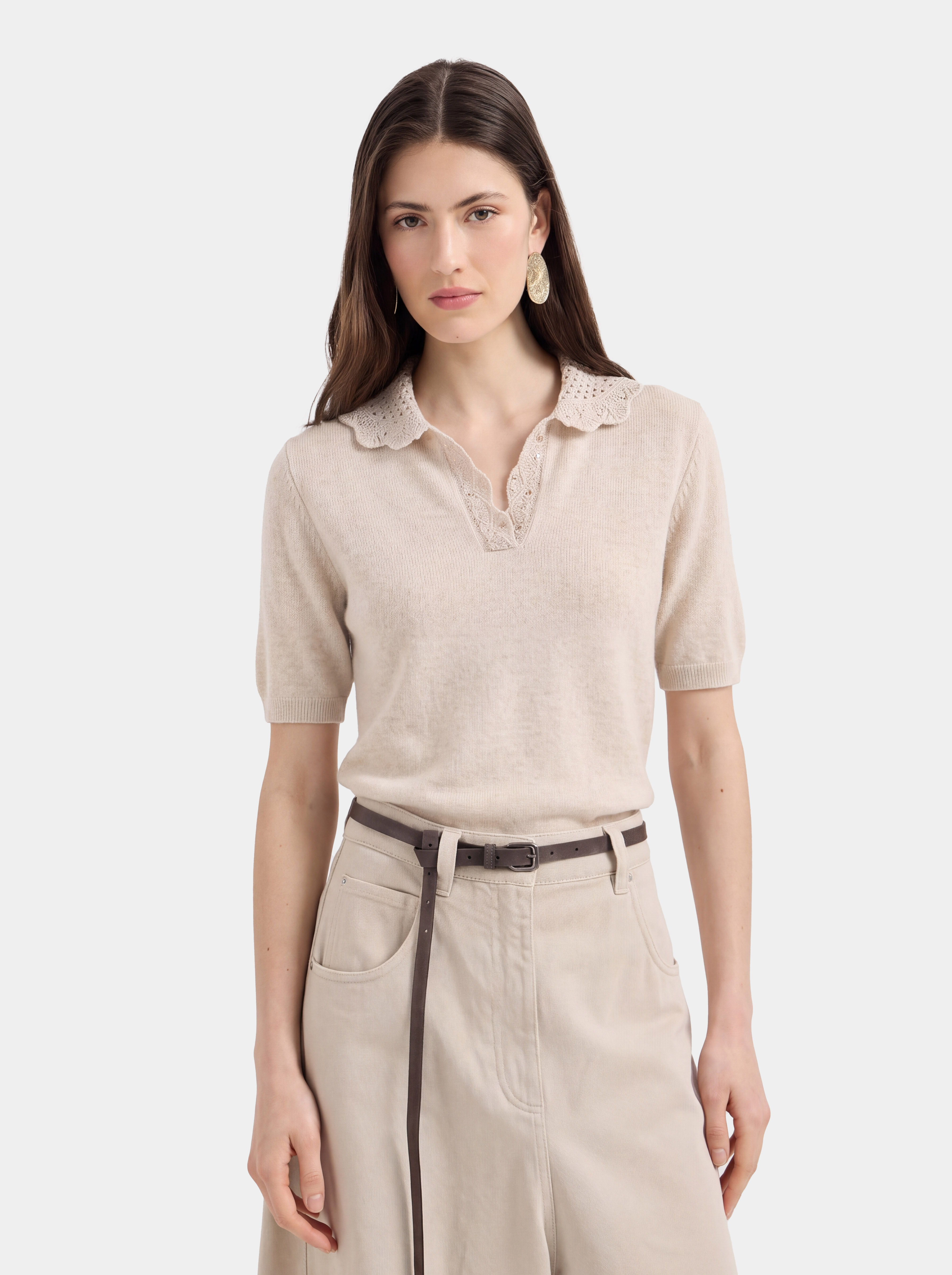 100% Cashmere Openwork Knit Polo Short Sleeve Top