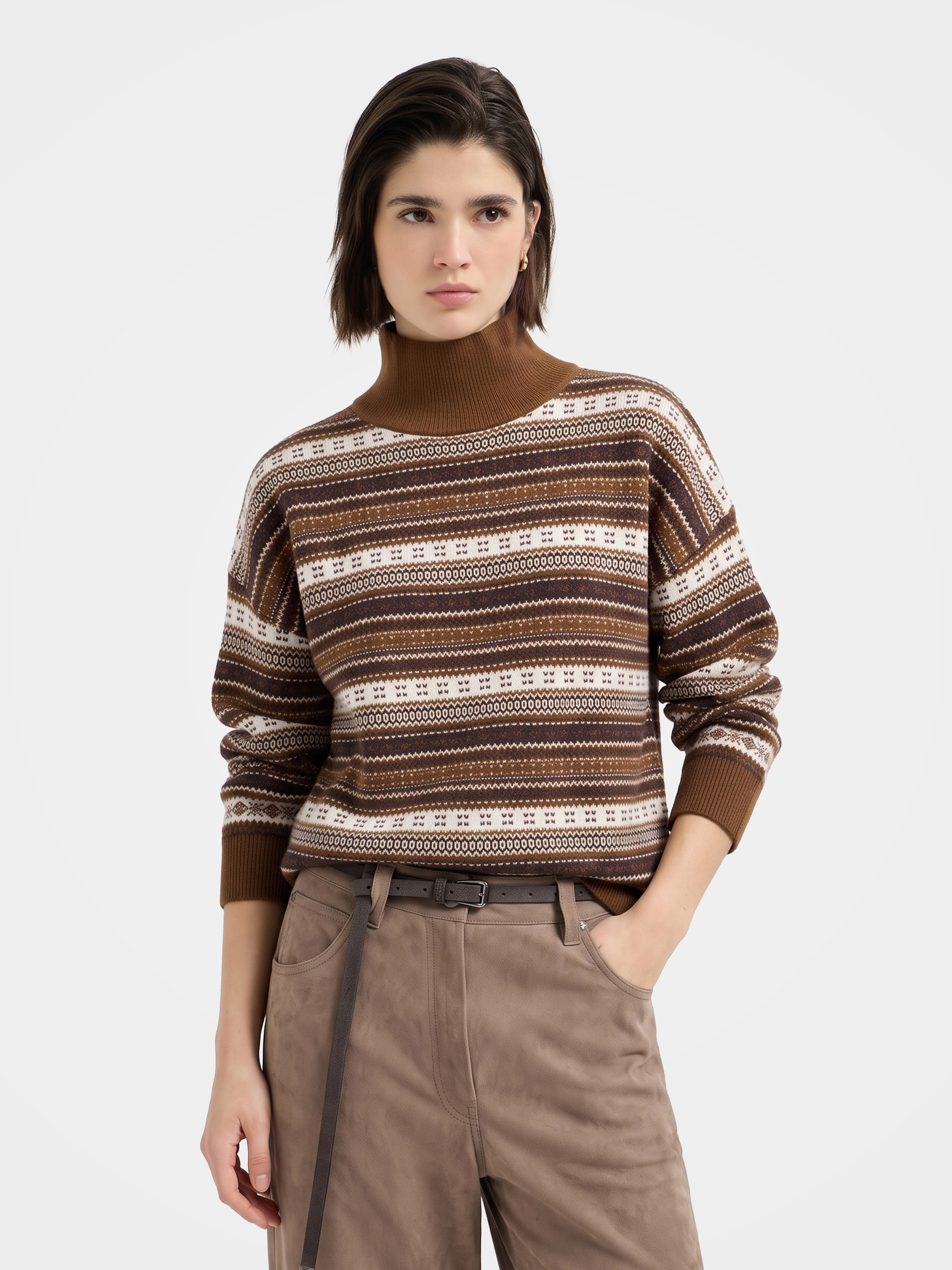 100% Cashmere Mock Neck Sweater Soft Fair Isle Knit Pullover
