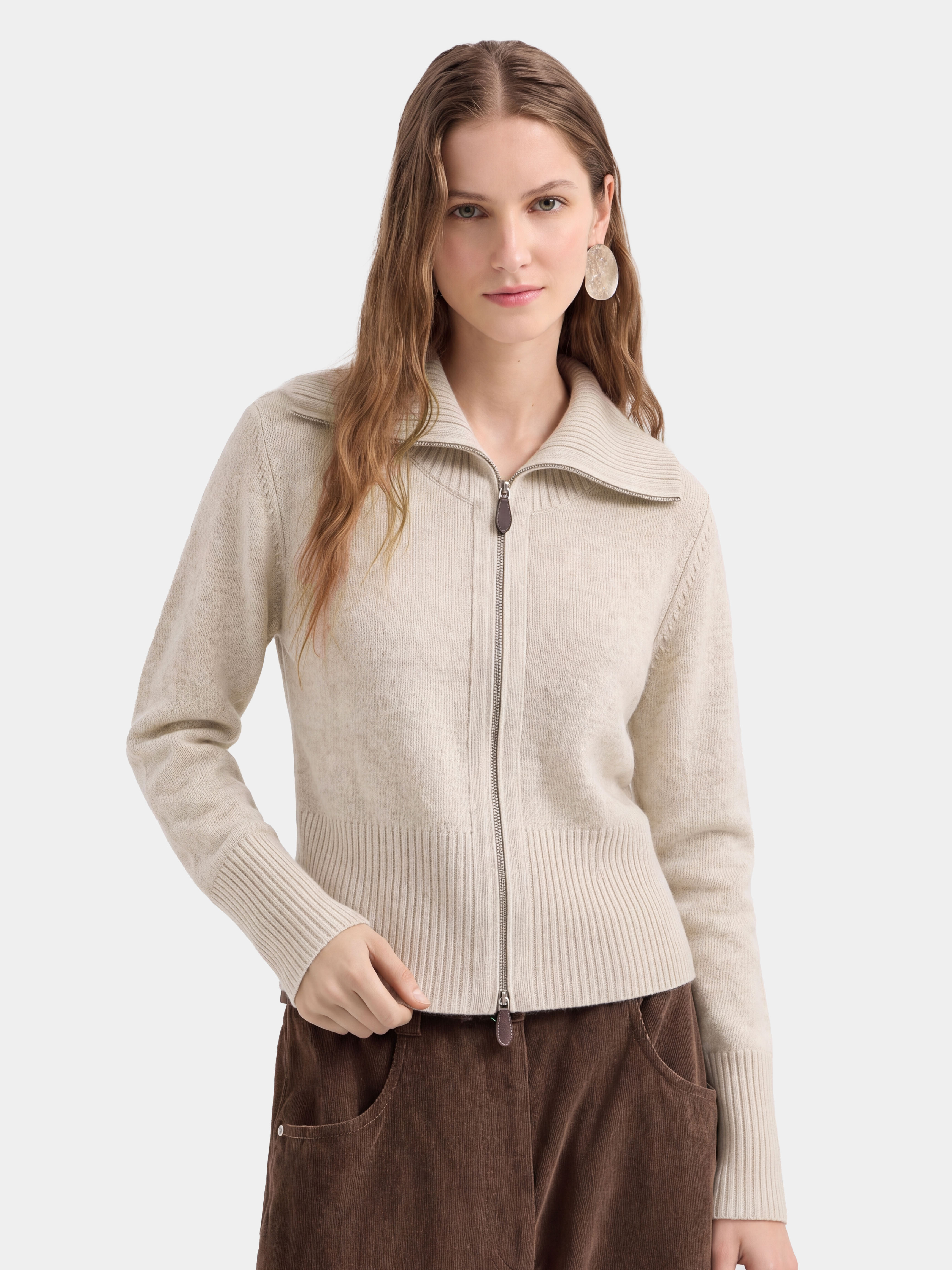 100% Cashmere Two-Way Zip Ribbed Knit Cardigan