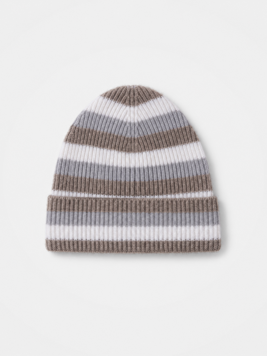100% Cashmere Striped Ribbed Knit Cuffed Beanie