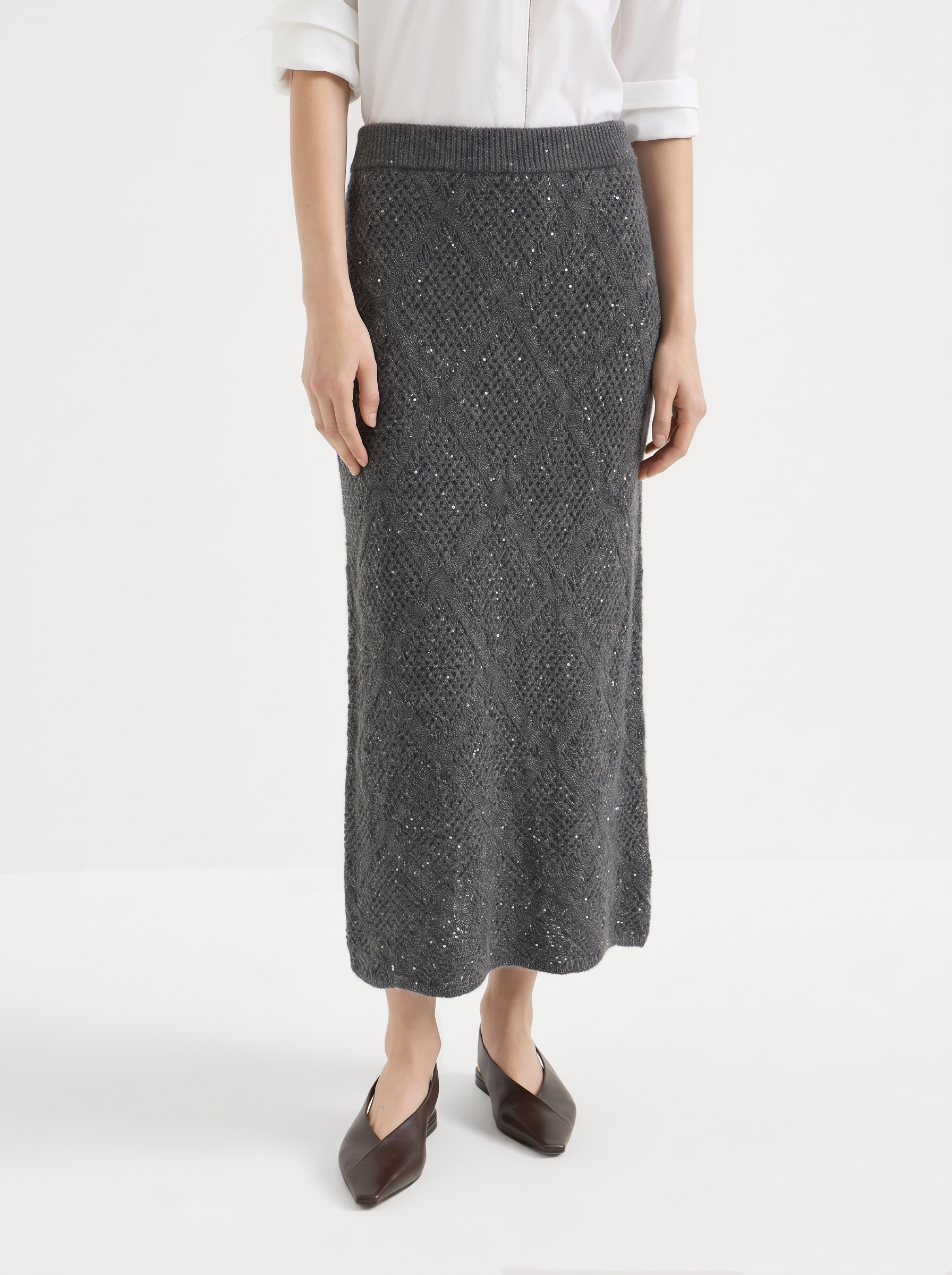 100% Mongolian Cashmere Midi Skirt for Women - Diamond Textured Sparkle Knit