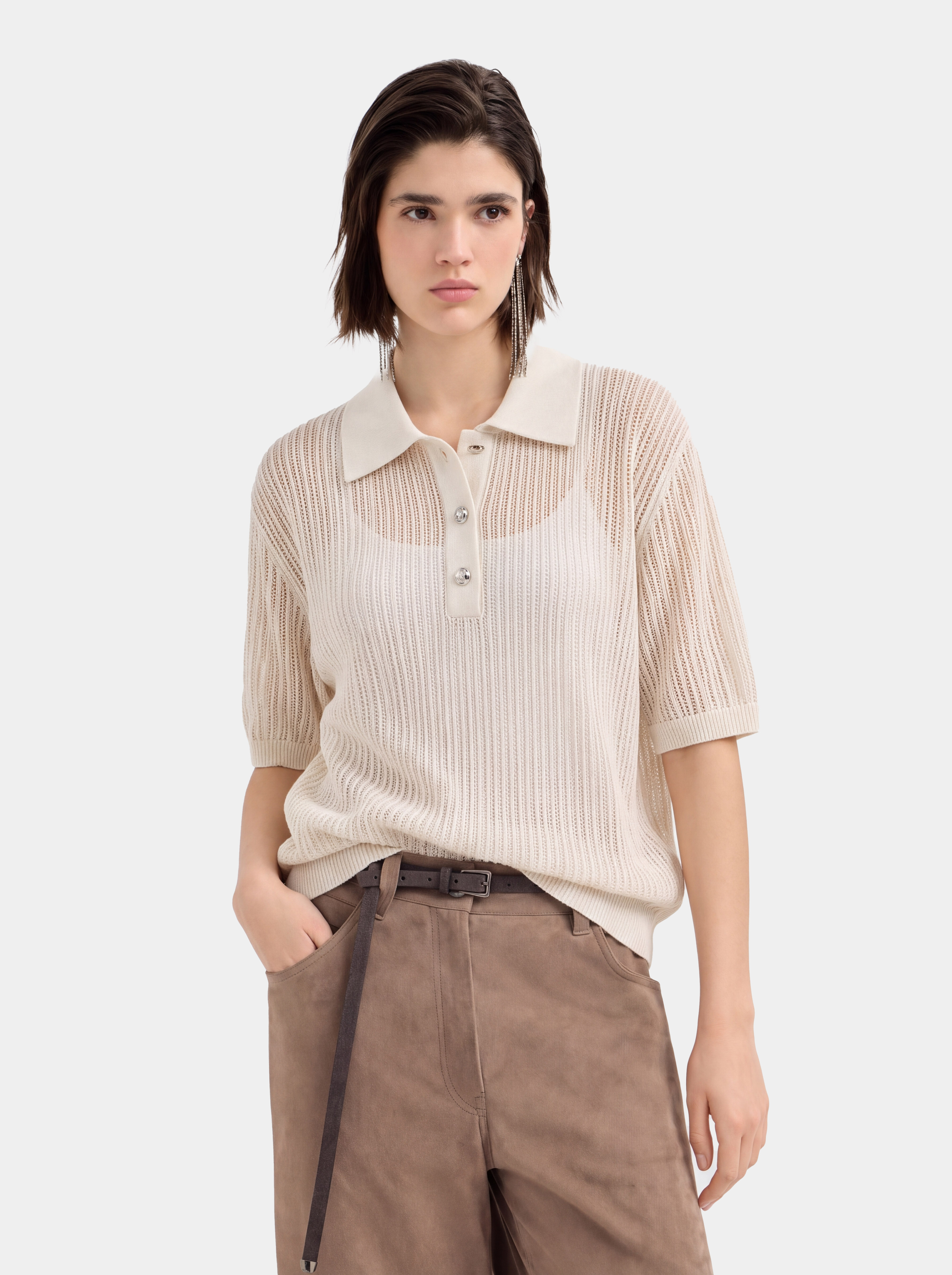 Cotton Silk Blend Polo Sweater for Women - Lightweight Open Knit Short Sleeve Top