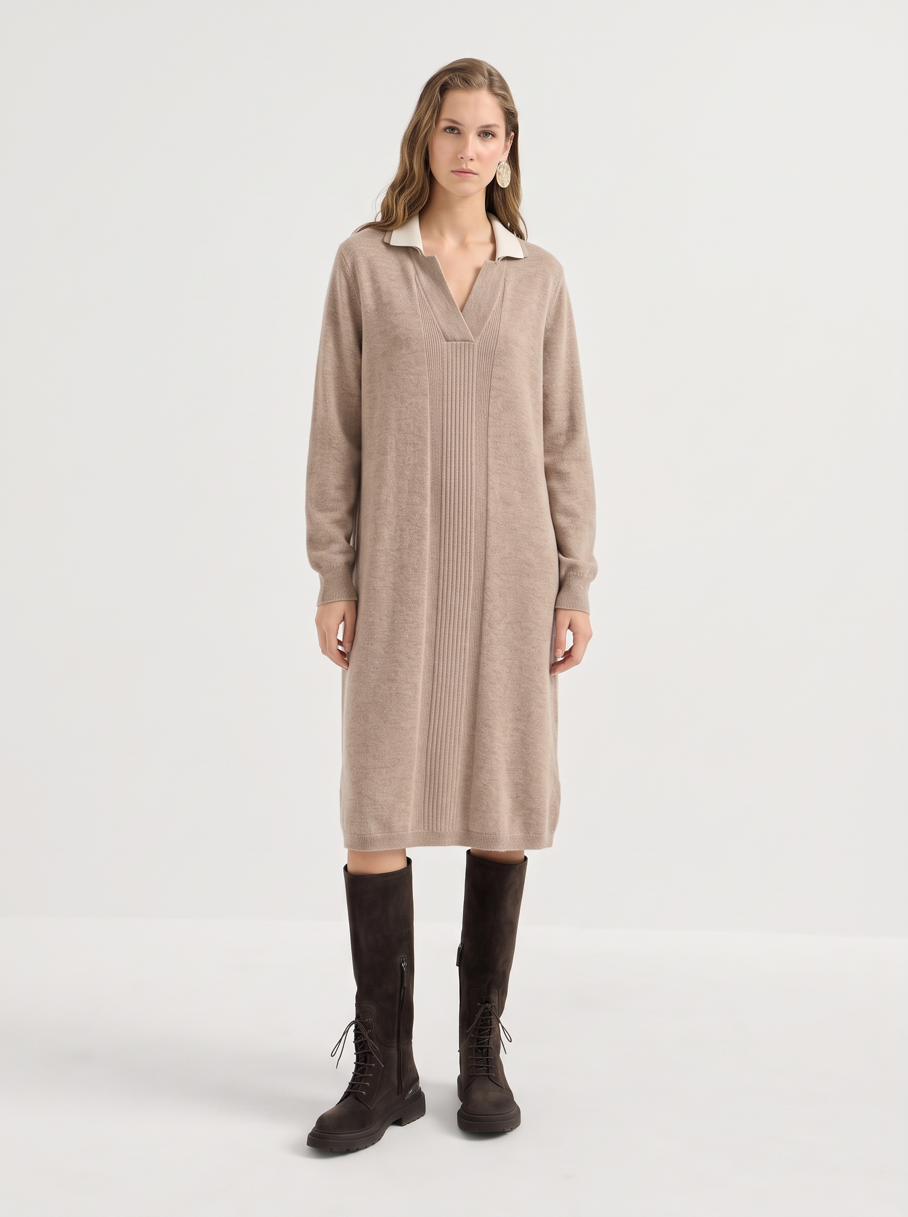 100% Cashmere Midi Sweater Dress for Women - V Neck Collared Long Sleeve Knit