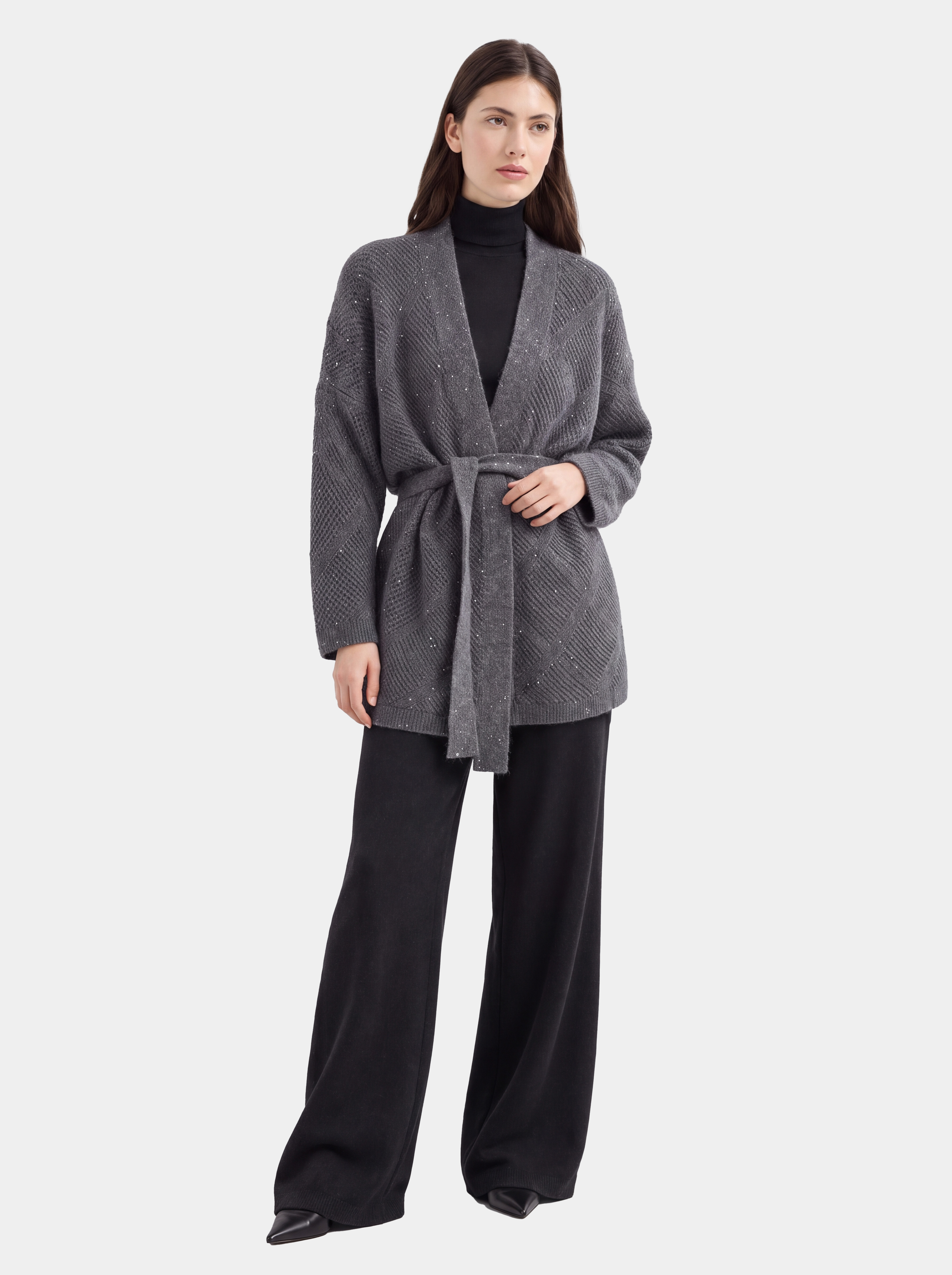 100% Cashmere Textured Open Front Belted Longline Cardigan