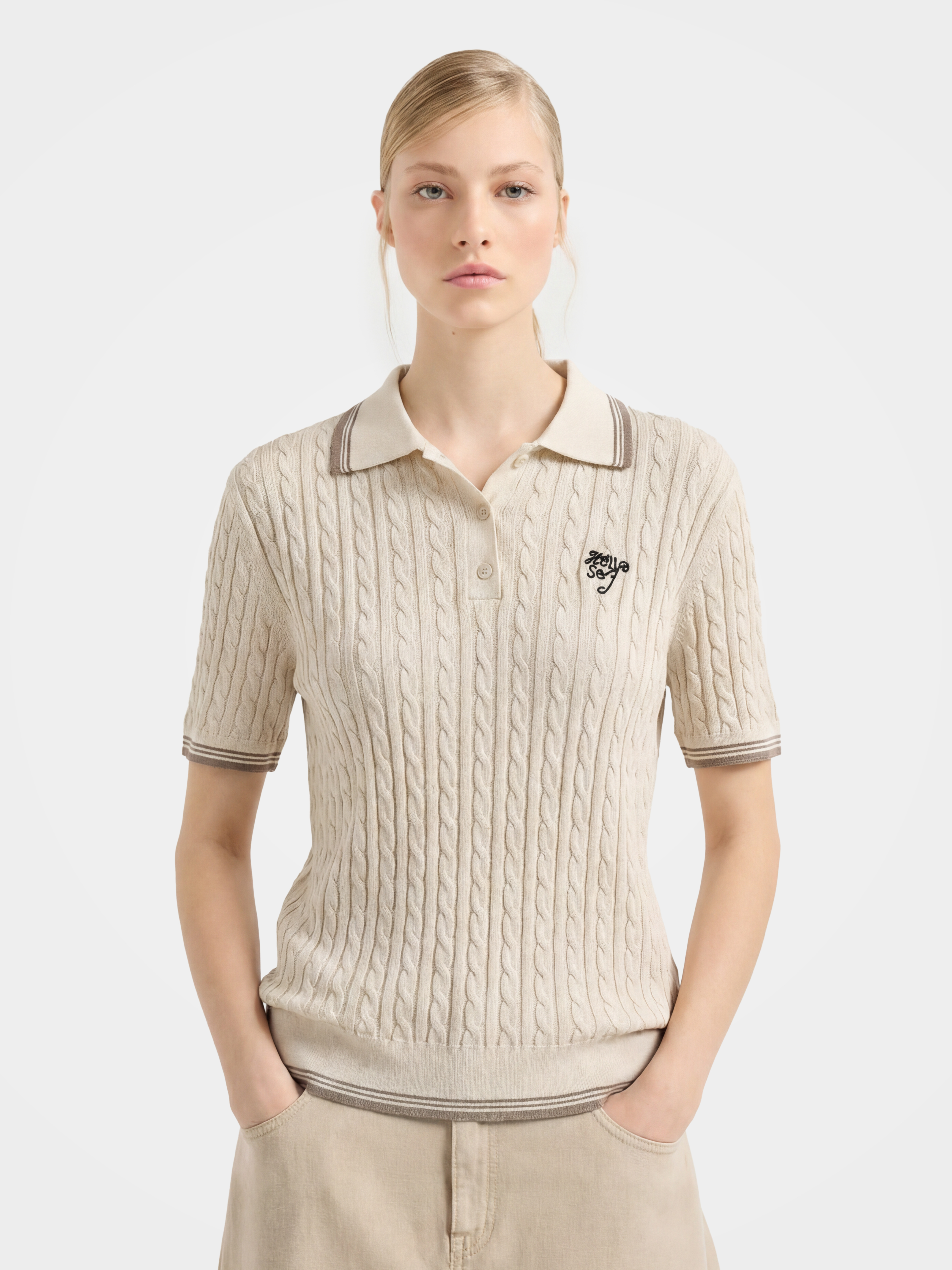 Classic Soft Cotton Cable Knit Polo Knit Top