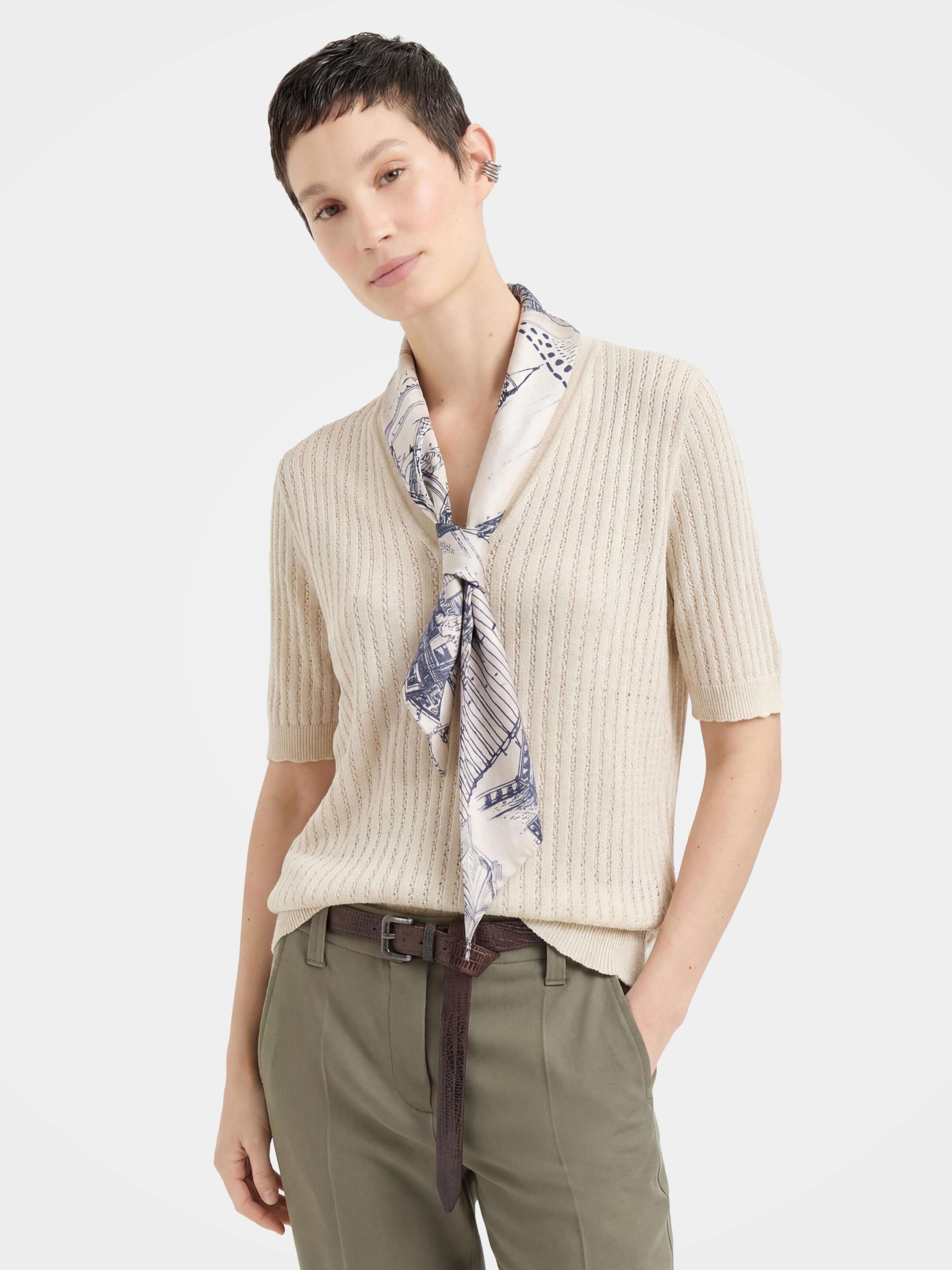 Soft Cotton Ribbed Knit V Neck Top with Silk Scarf