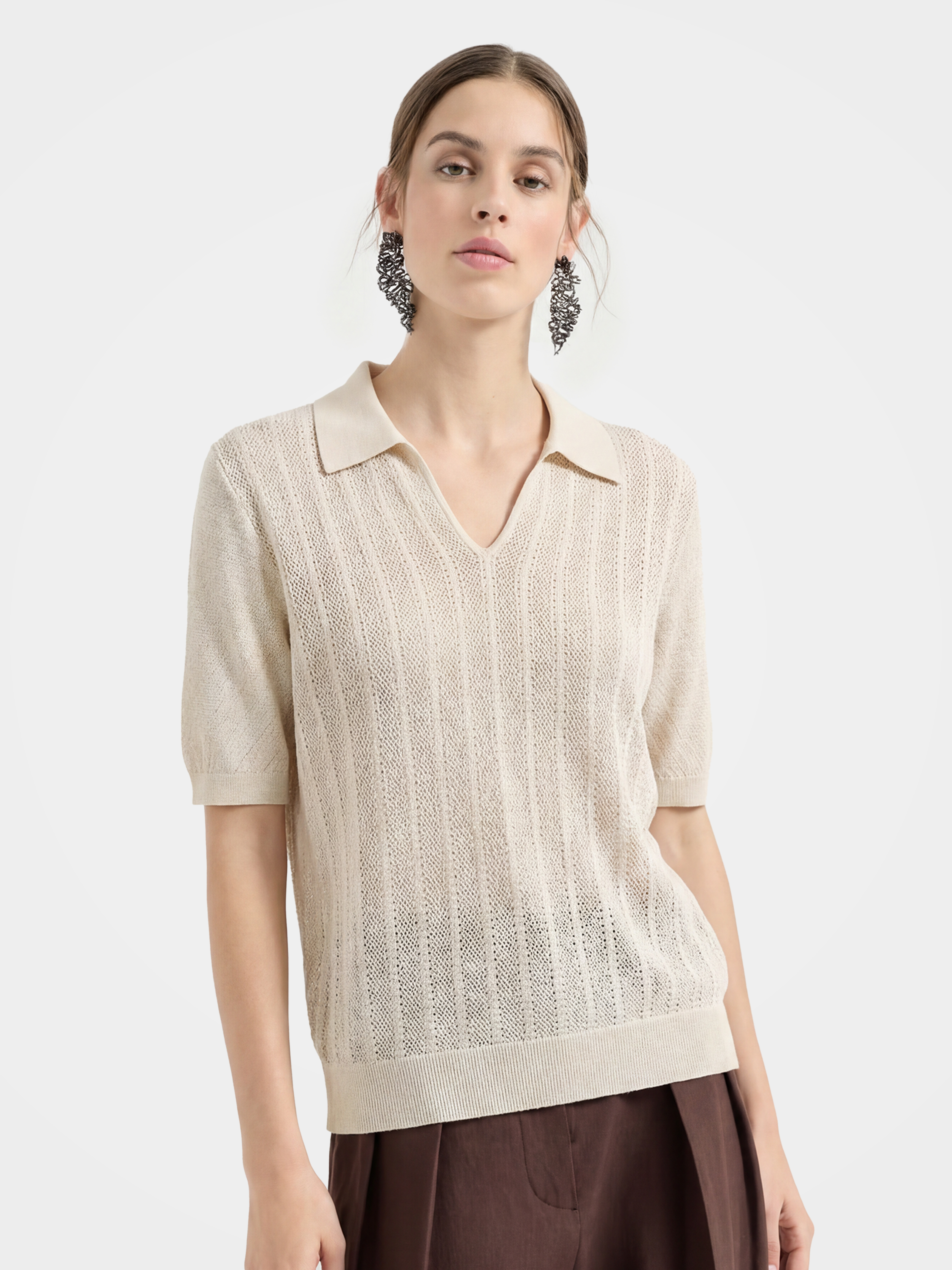Breathable Cotton Open Knit Polo Knit Top
