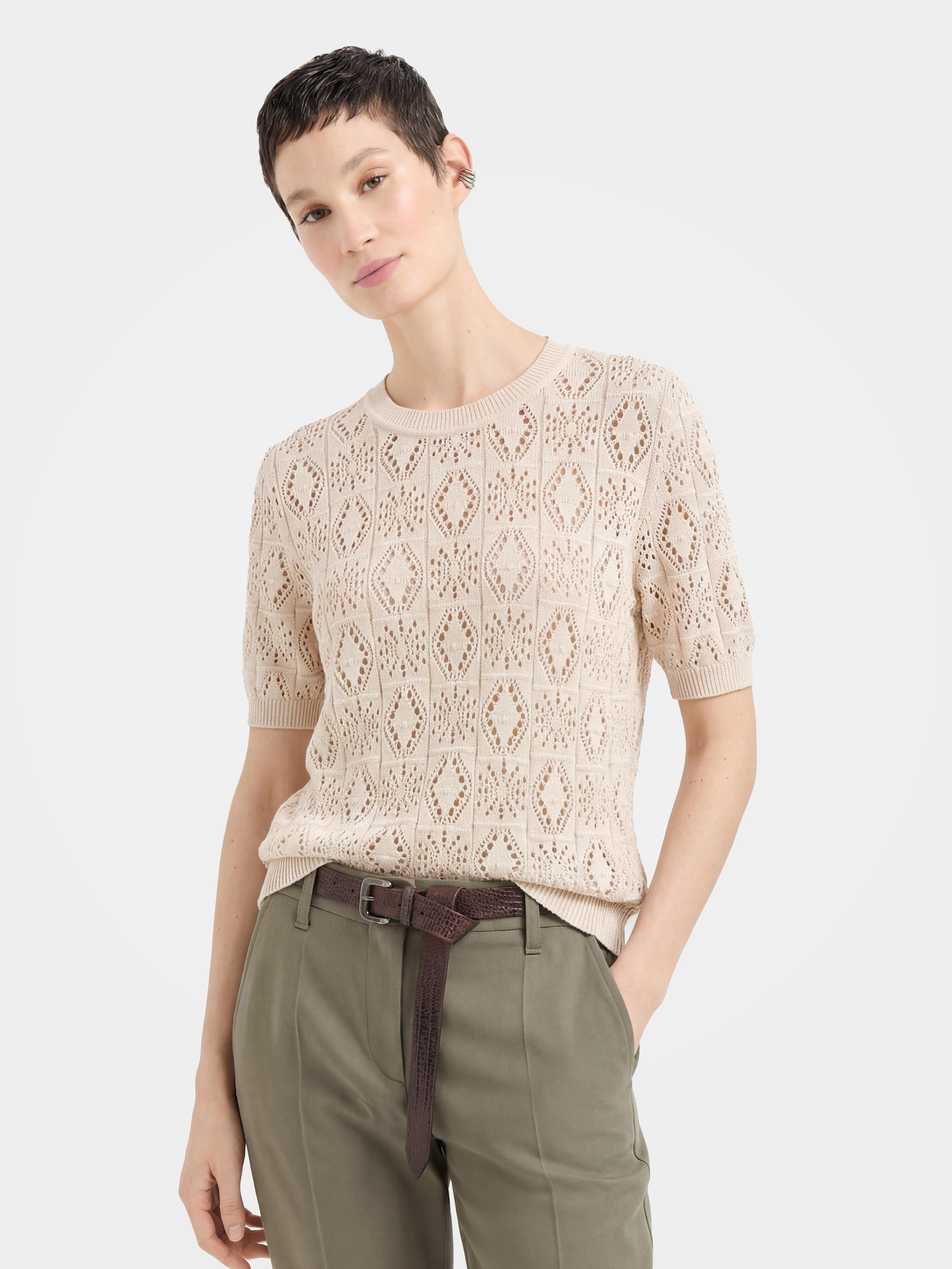 Breathable Cotton Silk Blend Diamond Pointelle Knit Top