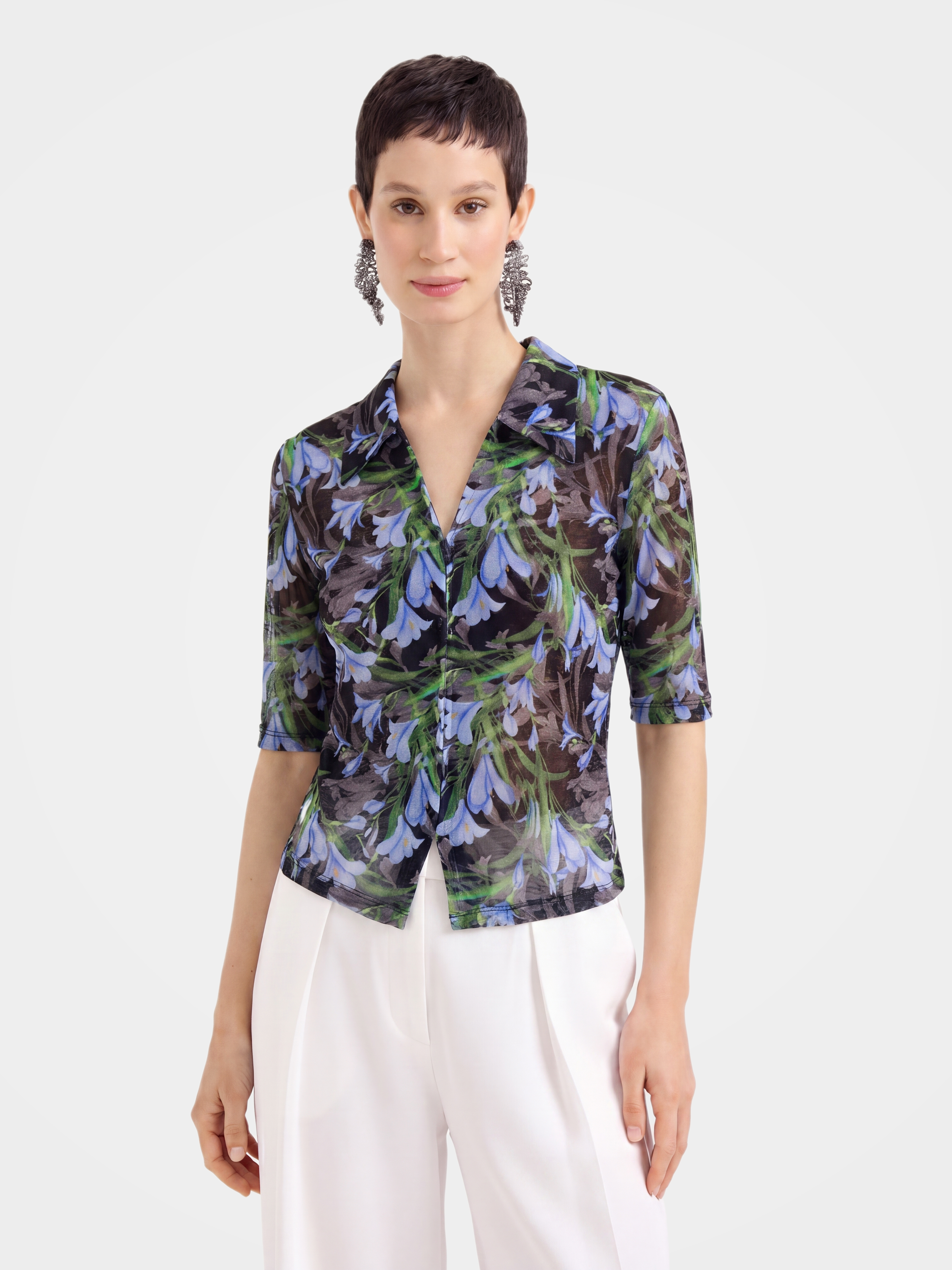 Lightweight Stretchy Printed Mesh V Neck Blouse