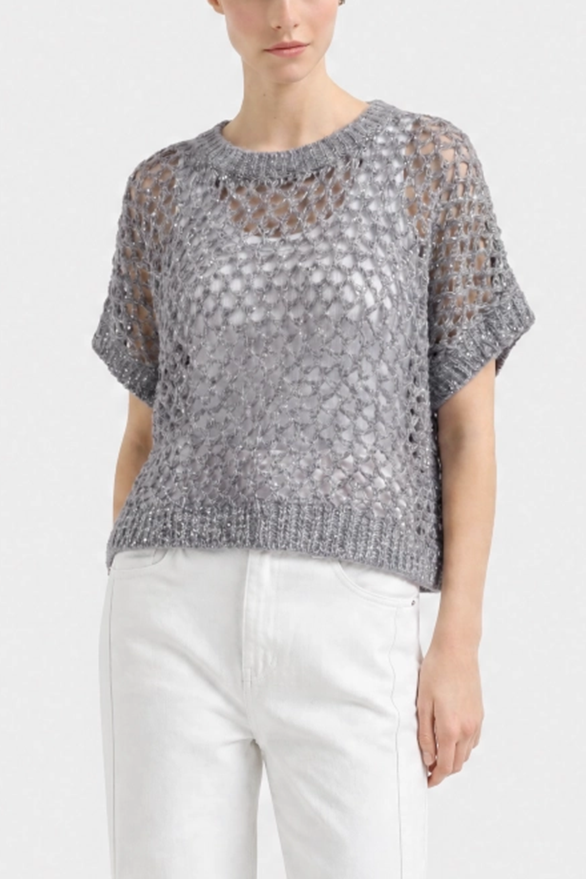 Mongolian Cashmere Openwork Knit Short Sleeve Top