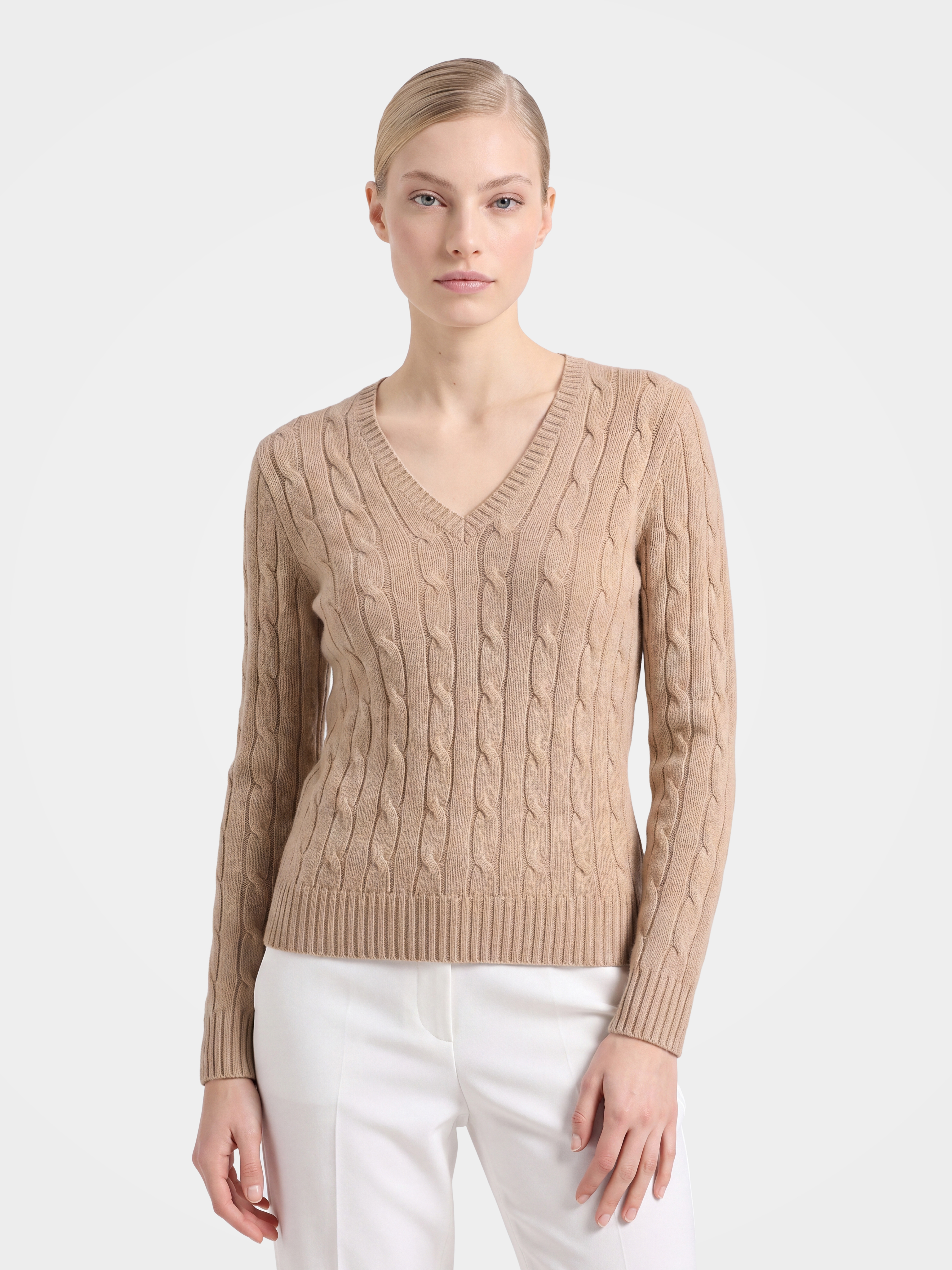 00% Mongolian Cashmere Classic Cable Knit V-Neck Sweater