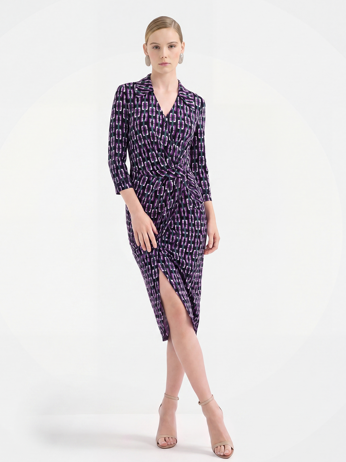 Luxury 100% Mulberry Silk Geometric Wrap Midi Dress