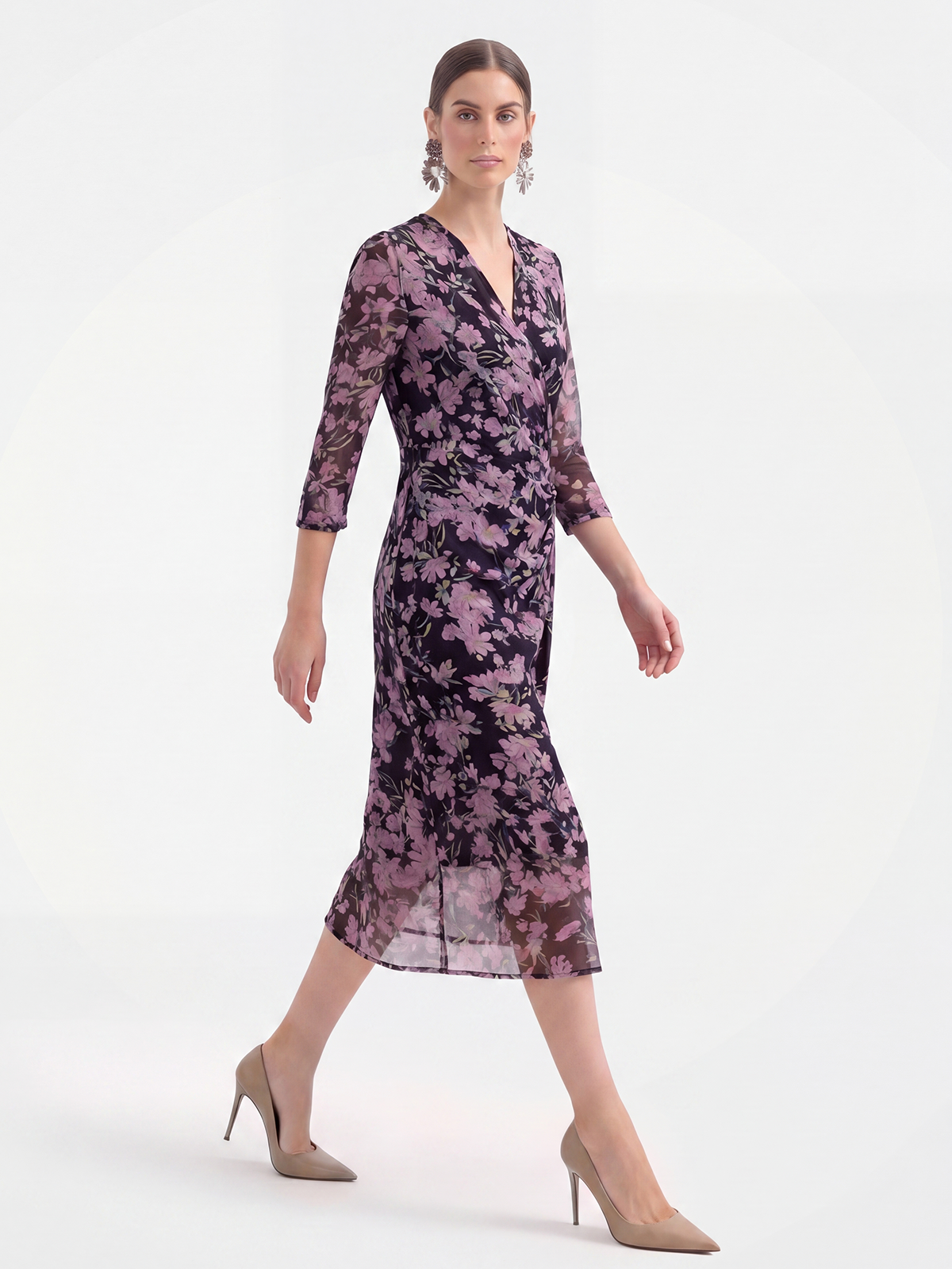 Lightweight 100% Mulberry Silk Floral Wrap Midi Dress