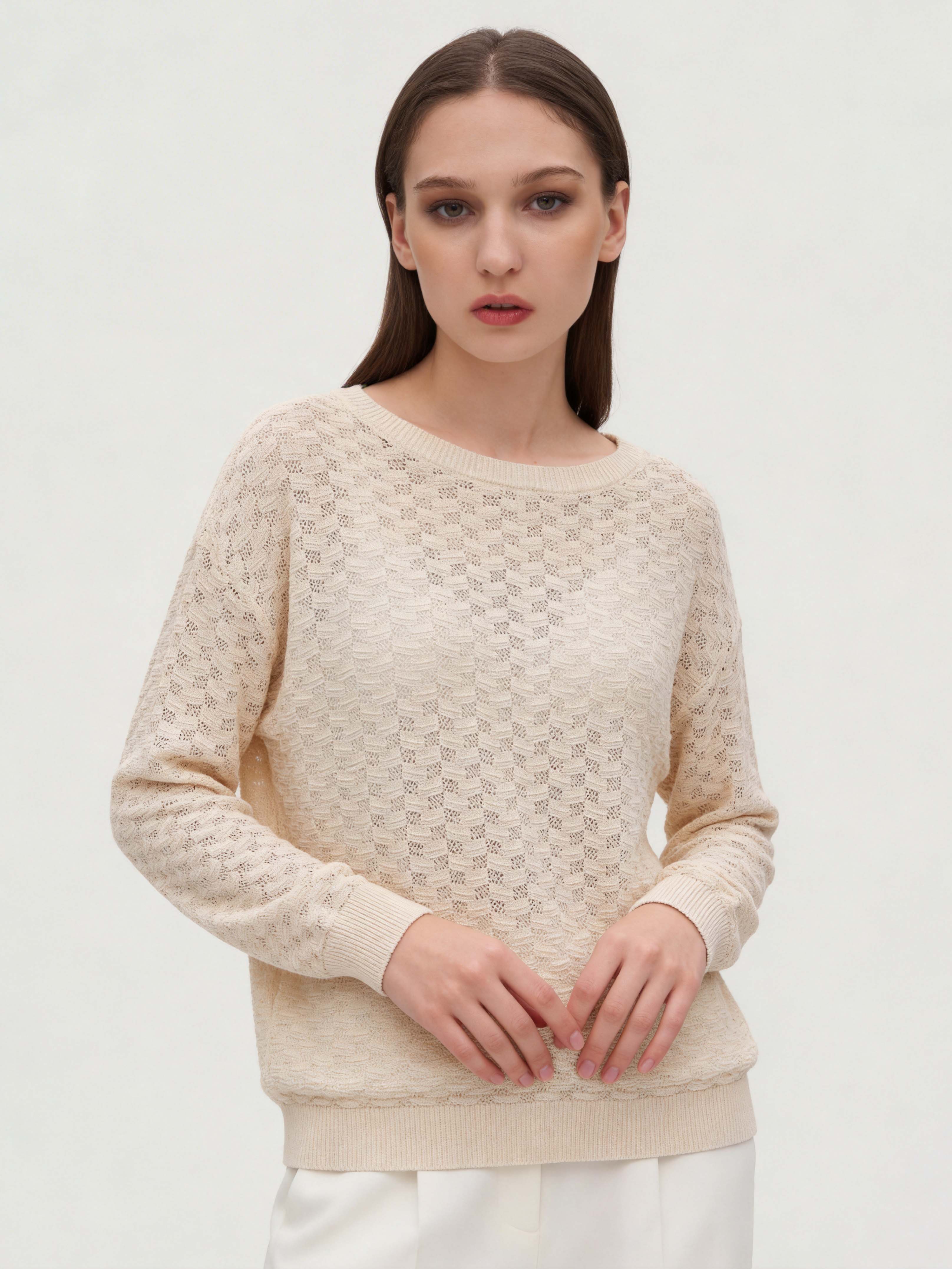 Beige Cotton-Silk Hollow Out Knit Sweater