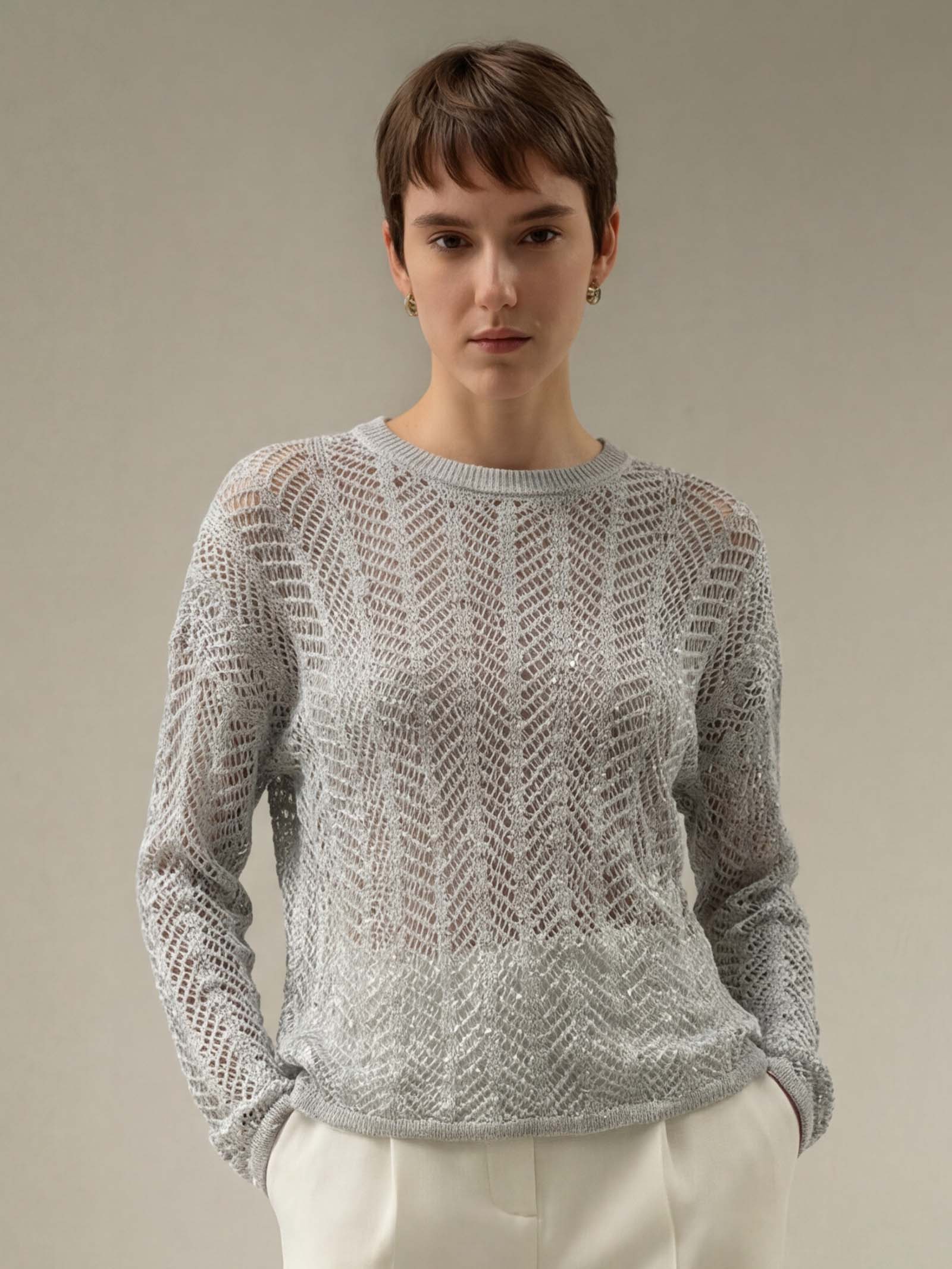 Gray Hollow Out Knit Sequin Sweater