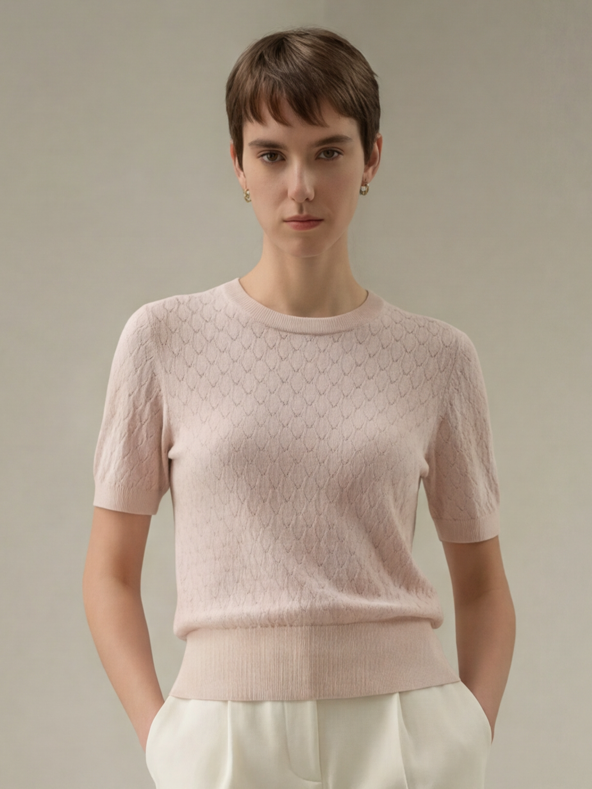 Pink Tencel Diamond Pattern Hollow Out Knit Sweater