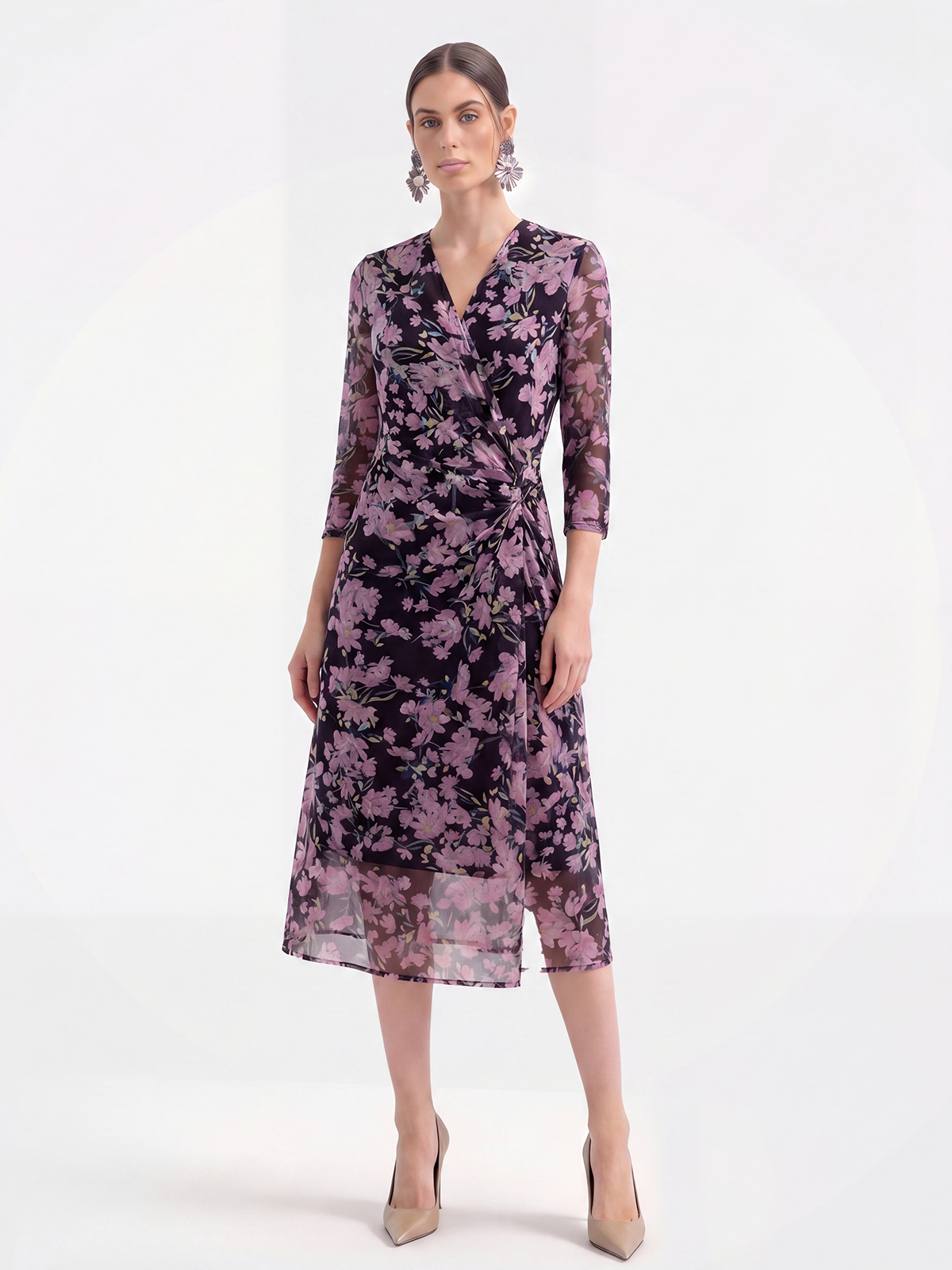 Lightweight 100% Mulberry Silk Floral Wrap Midi Dress