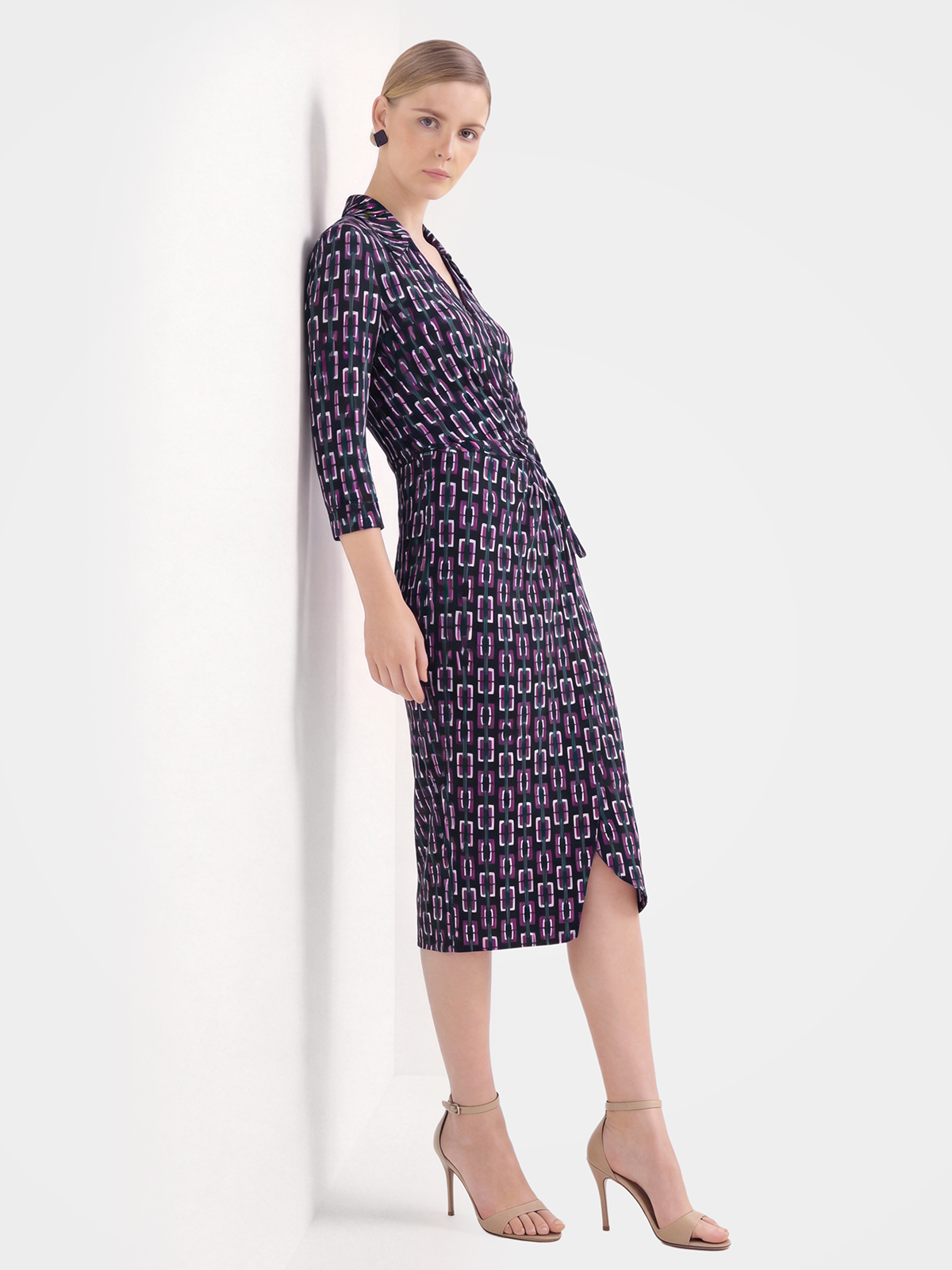 Luxury 100% Mulberry Silk Geometric Wrap Midi Dress