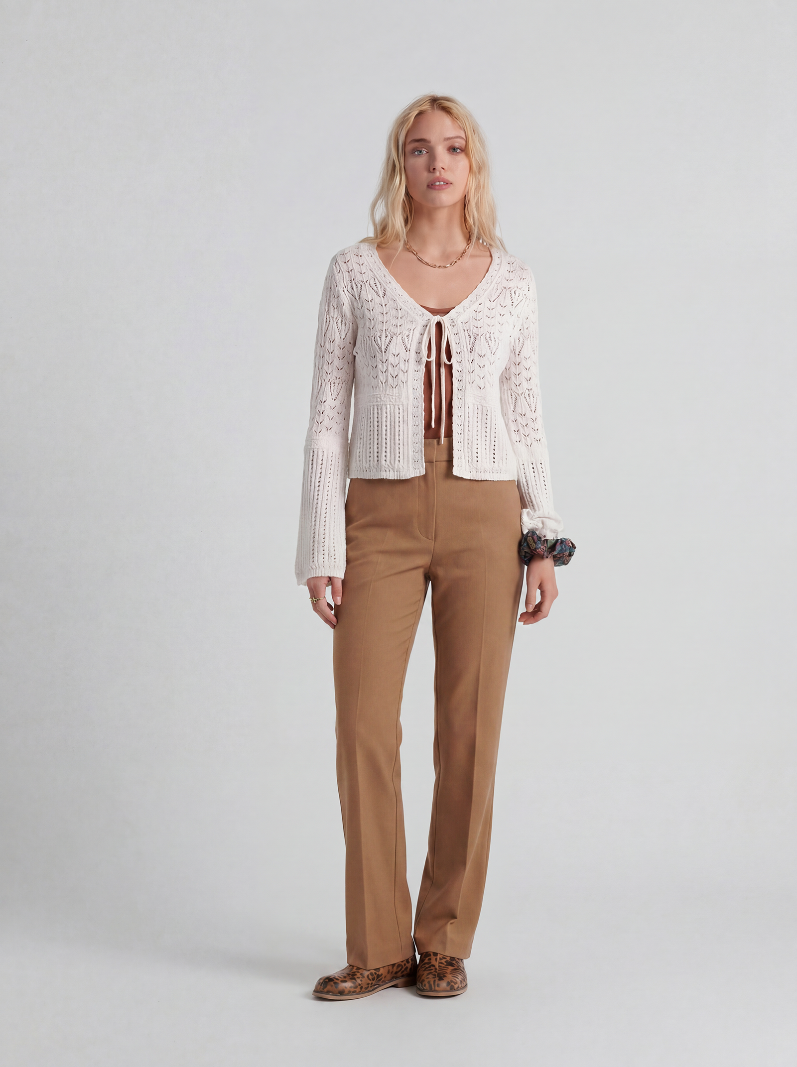 White Cotton Long Sleeve Hollow Out Knit Cardigan