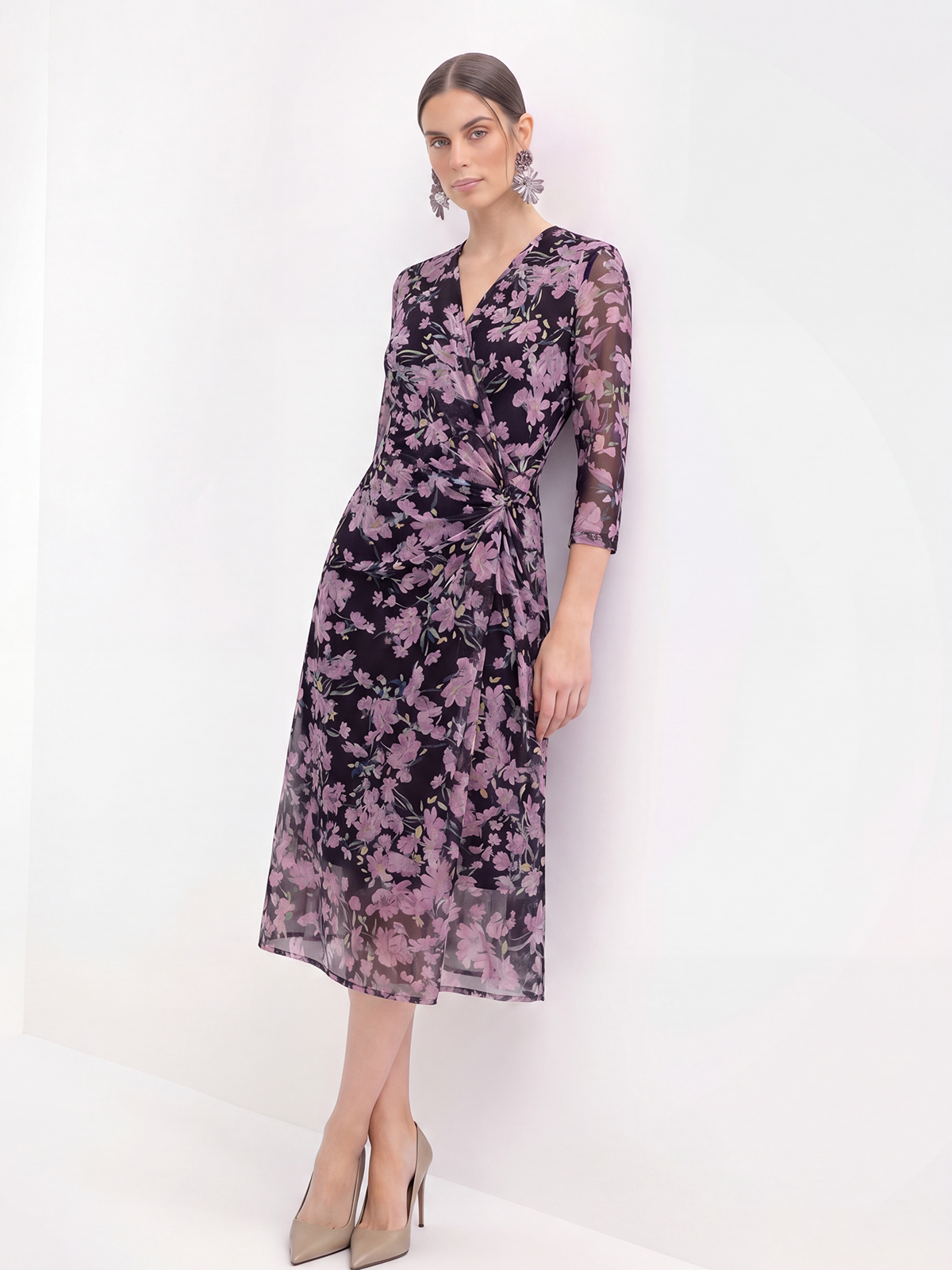 Lightweight 100% Mulberry Silk Floral Wrap Midi Dress