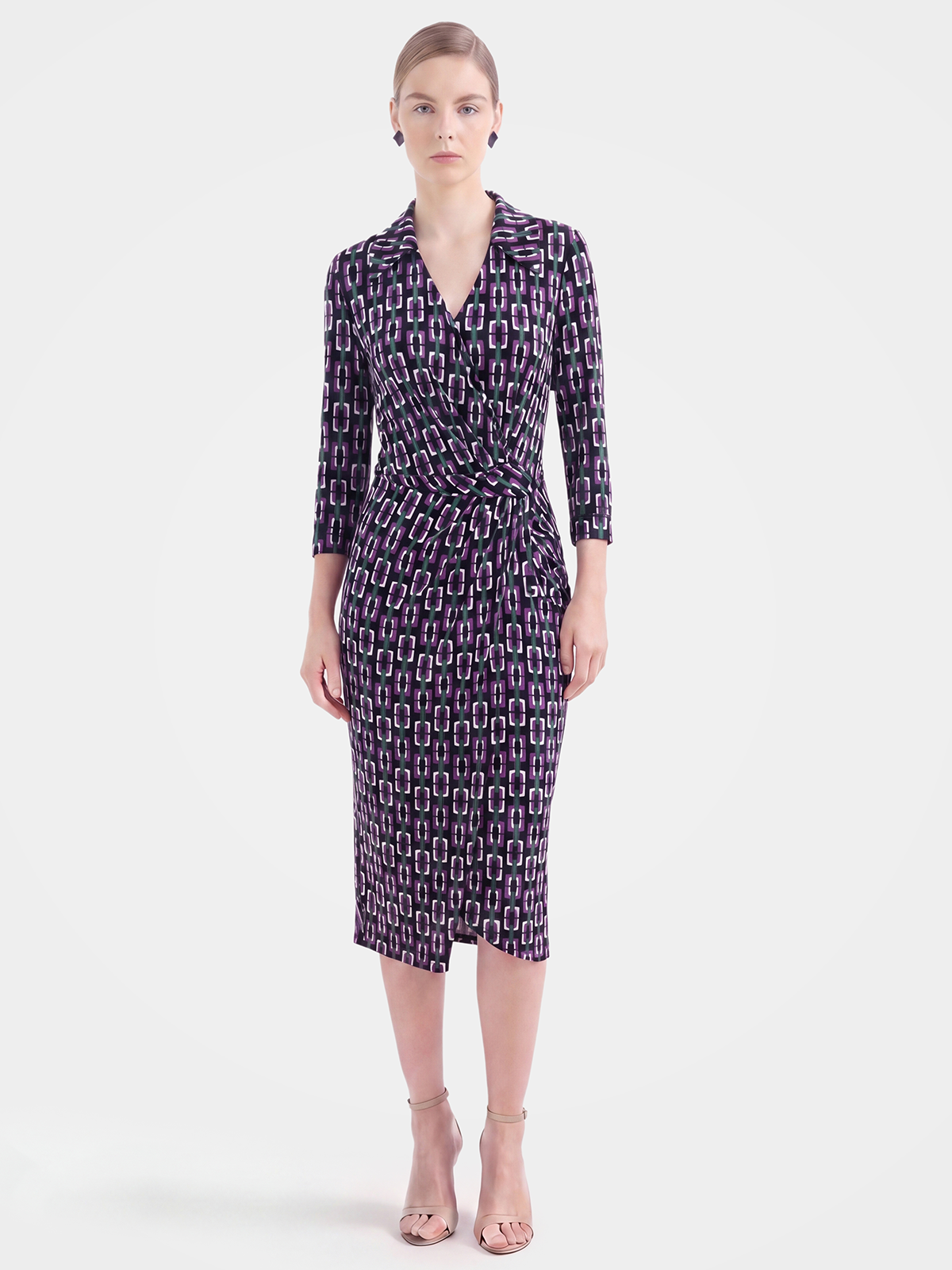 Luxury 100% Mulberry Silk Geometric Wrap Midi Dress
