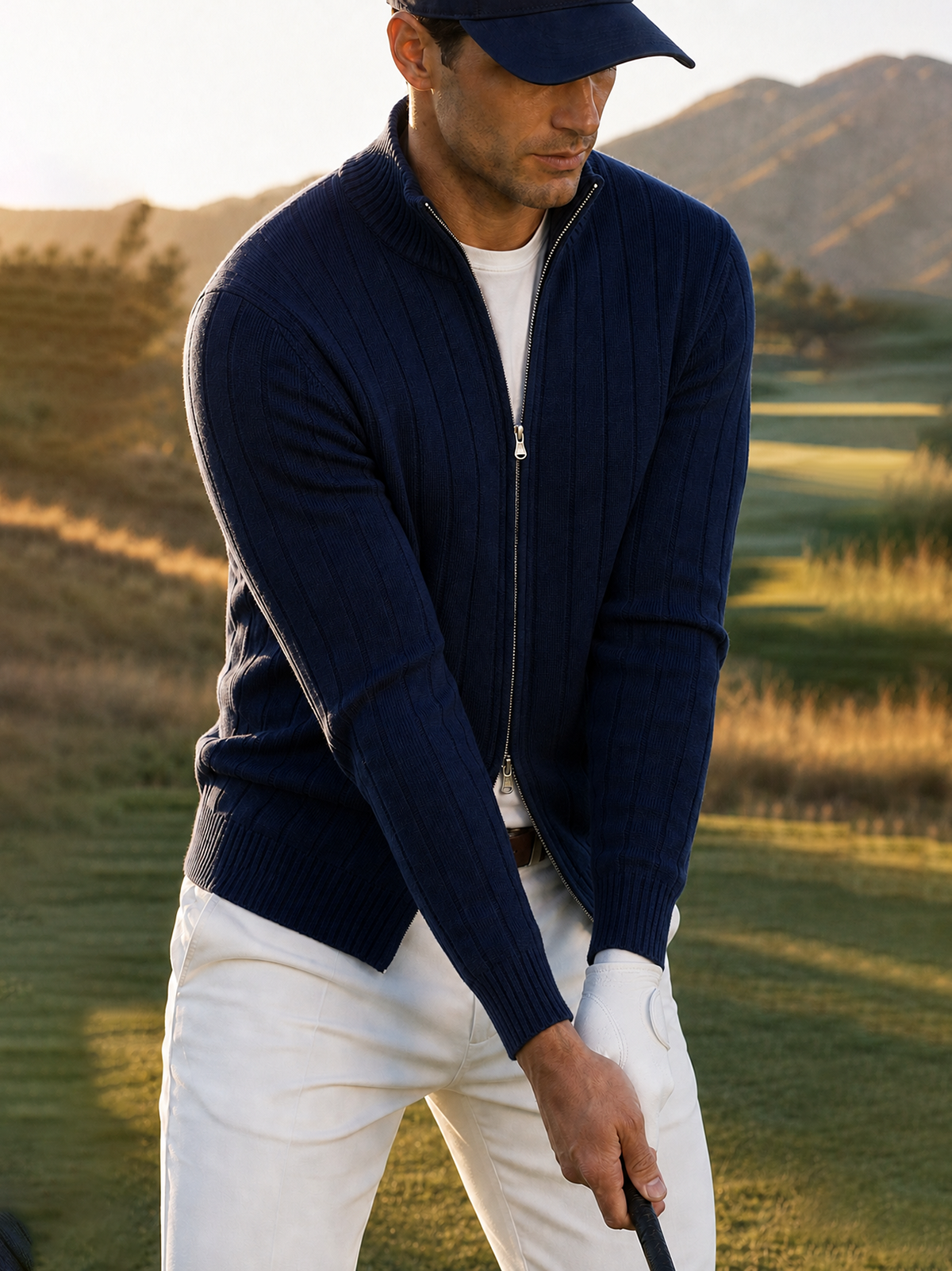 Men's 100% Cashmere Mock Neck Zip Rib Knit Cardigan