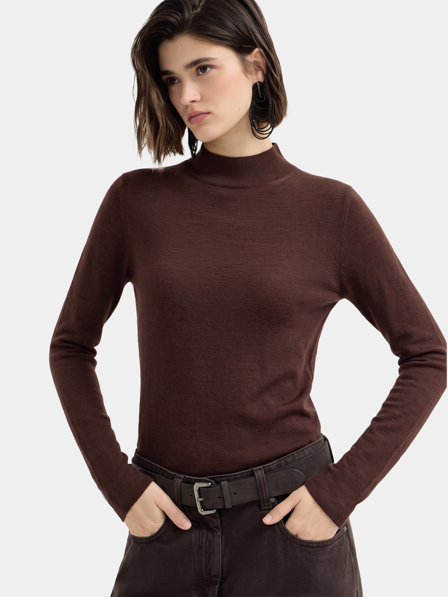 100% Wool Lightweight Mock Neck Slim Fit Long Sleeve Knit Top